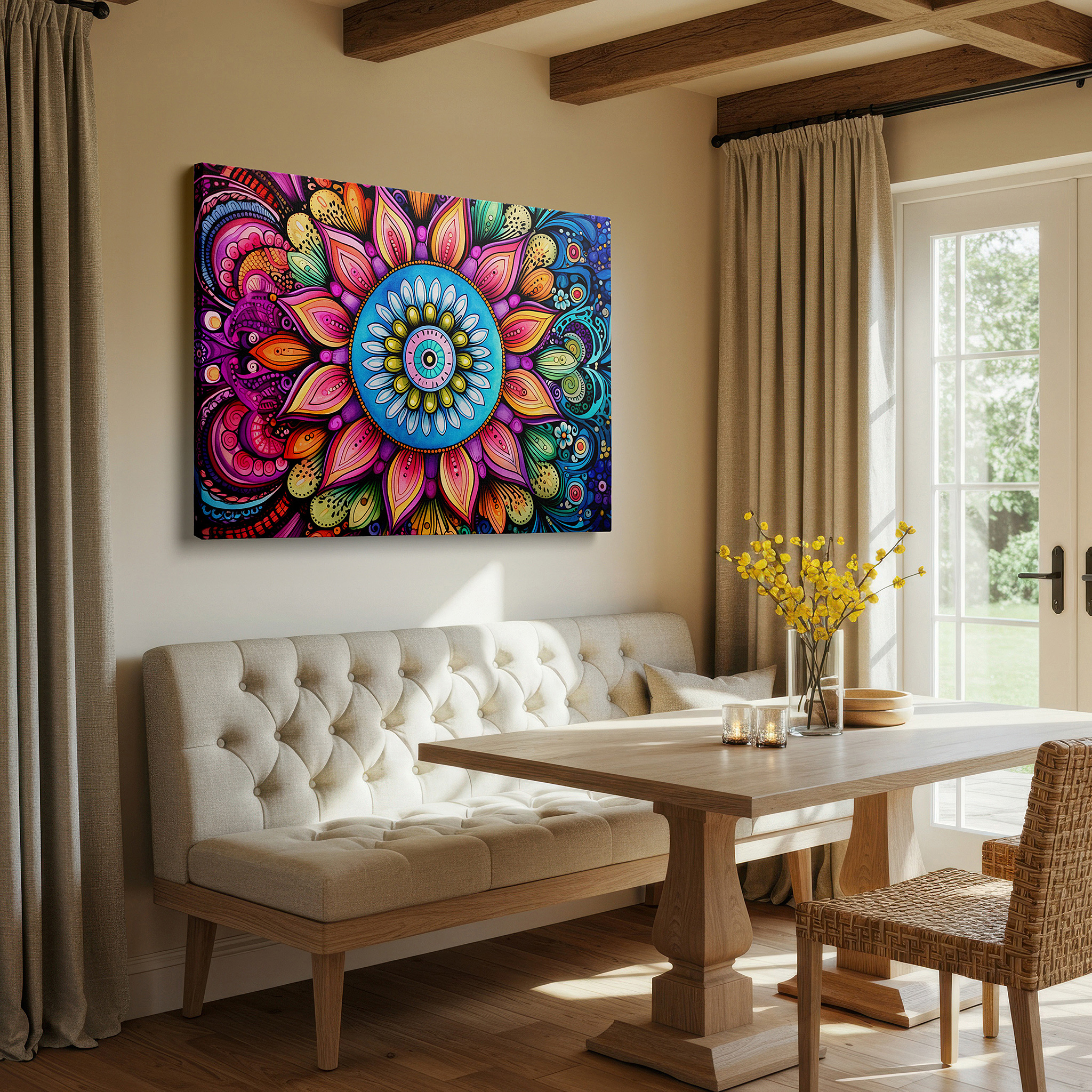 Presented on a clean white gallery wall with ample space — radiant mandala wall art symbolizing universal peace and serenity - ideal for office, living room, or bedroom decor