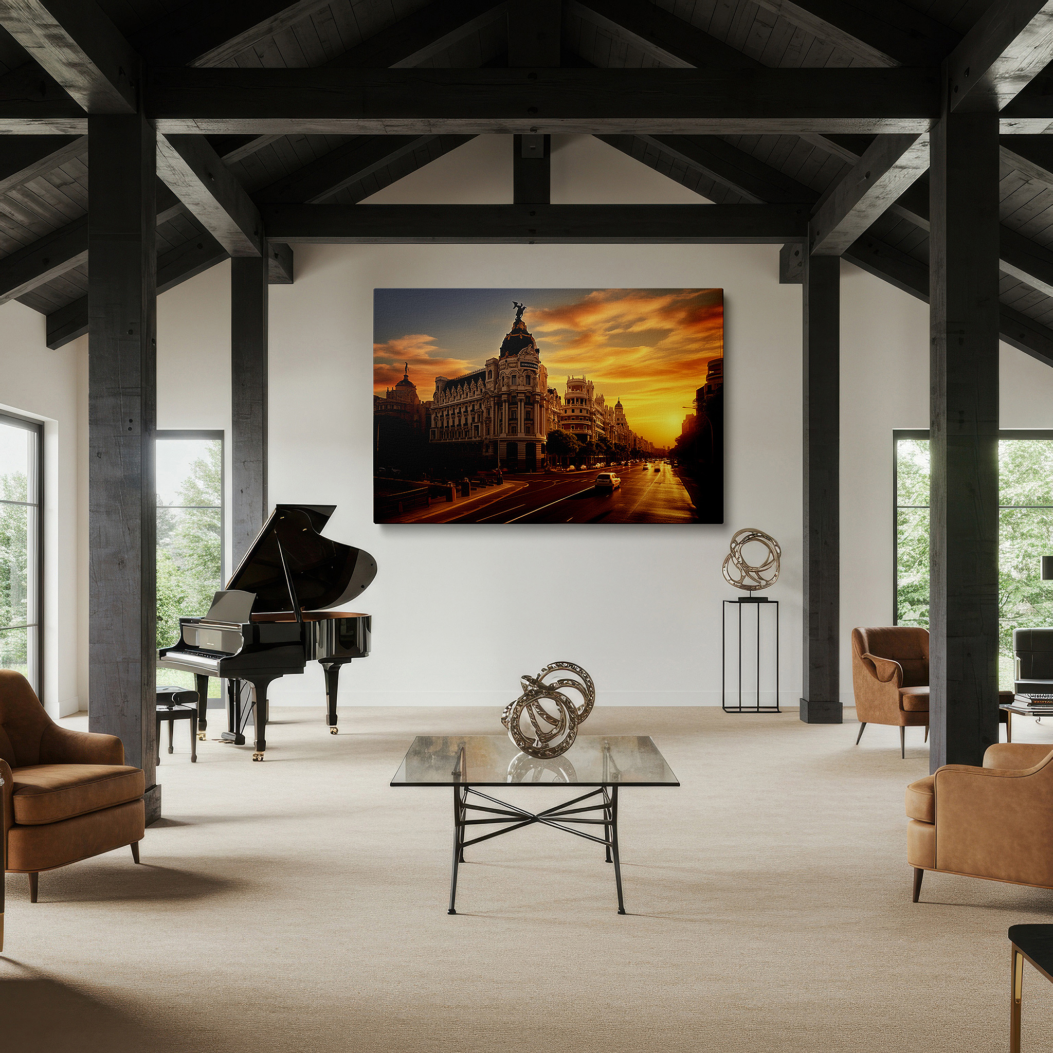 Presented on a clean white gallery wall with ample space — radiant sunset and majestic historic building amidst urban energy: large canvas wall art for office and bedroom decor