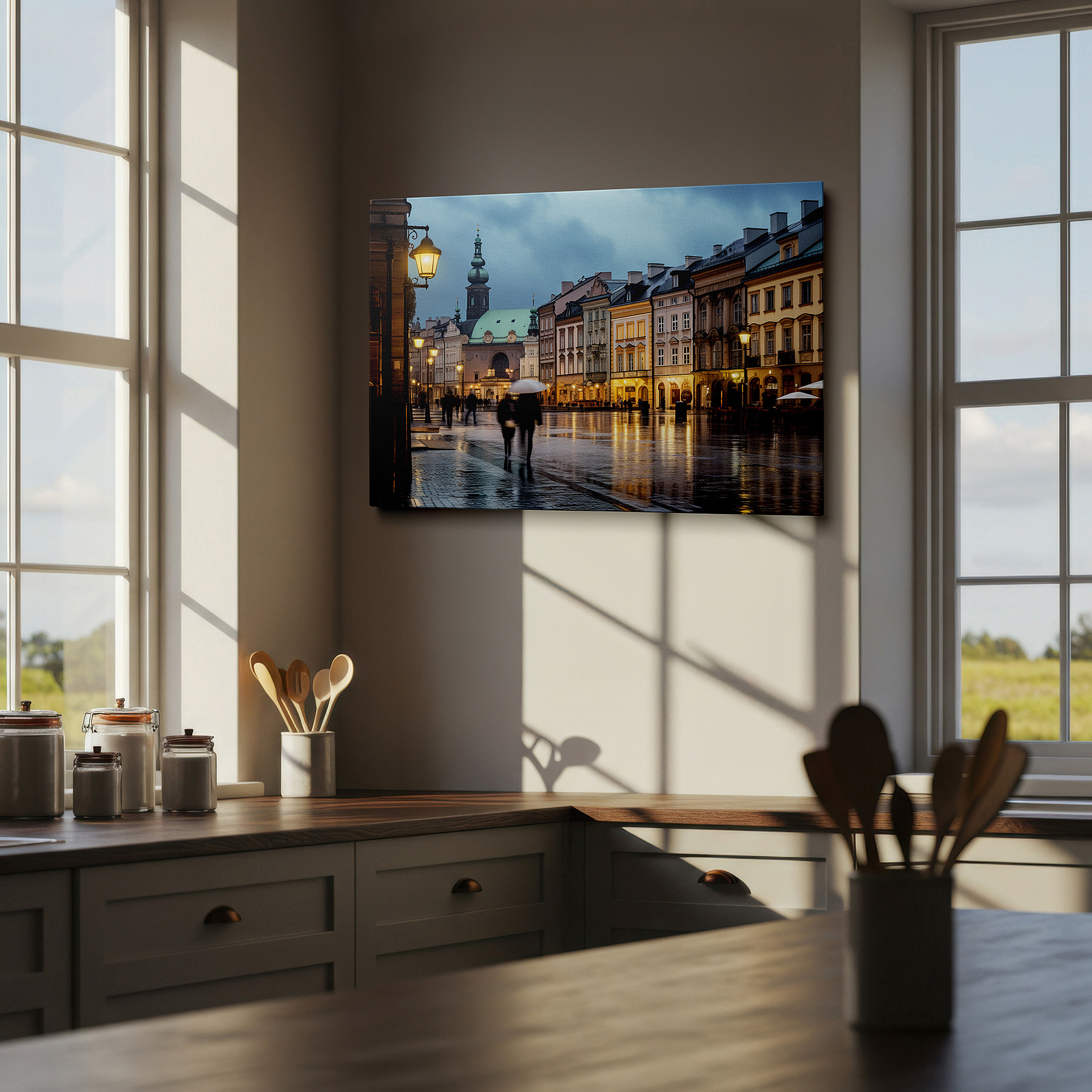 Presented on a clean white gallery wall with ample space — rainy day musings on a cobblestone street featuring vibrant umbrellas and old-world appeal - large canvas wall art for home and office decor
