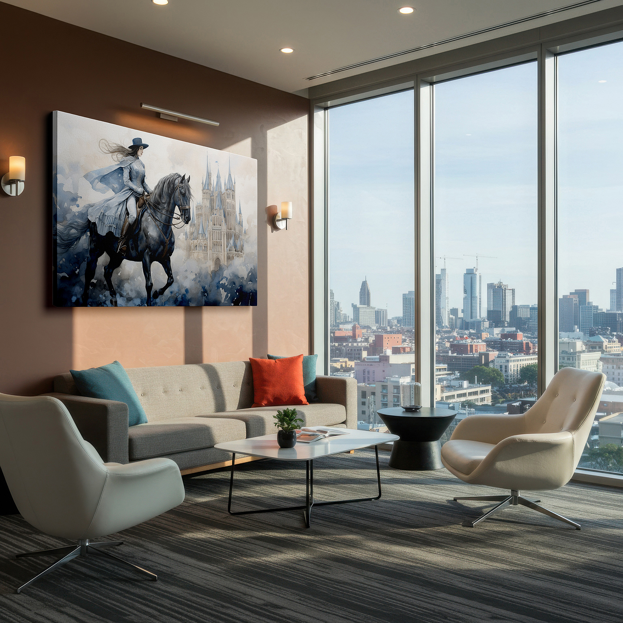 Presented on a clean white gallery wall with ample space — regal ride and misty castle large wall art, canvas decor for office and bedroom