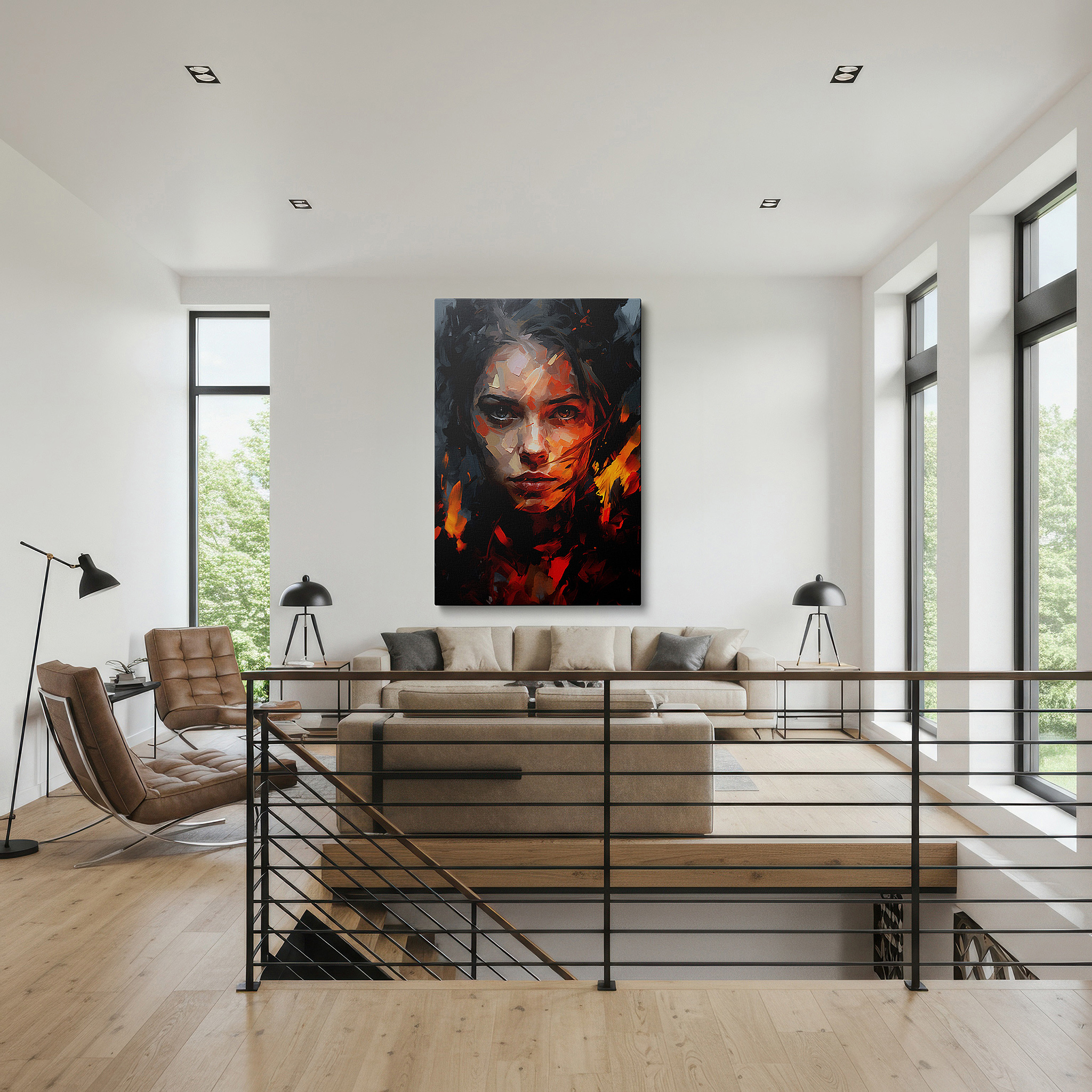 Presented on a clean white gallery wall with ample space — resilient themes and intense emotions in a striking large wall art, canvas wall art, wall decor for office and bedroom