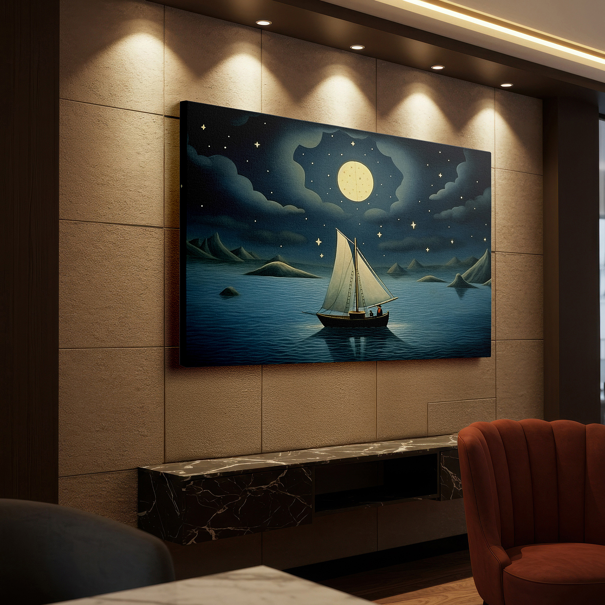 Presented on a clean white gallery wall with ample space — sailboat under starlit skies wall art - tranquil journey across calm waters, large canvas wall decor for office and bedroom
