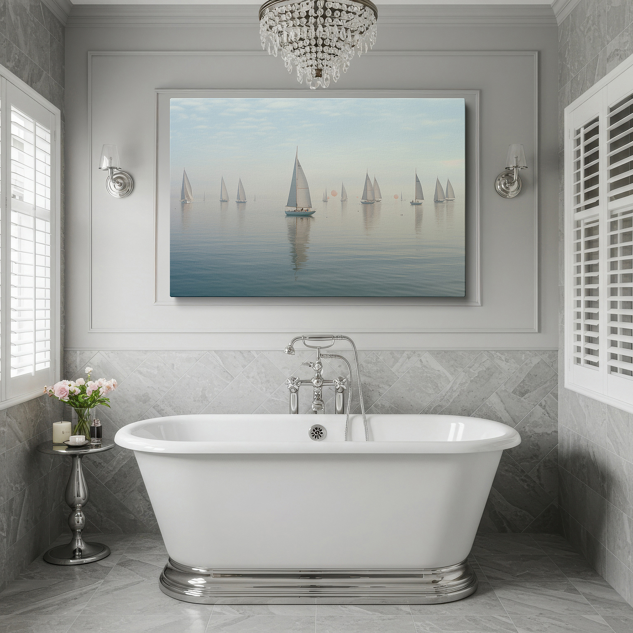 Presented on a clean white gallery wall with ample space — sailboats on a misty lake - serene morning in ethereal fog large wall art, canvas wall art, wall decor for office and bedroom