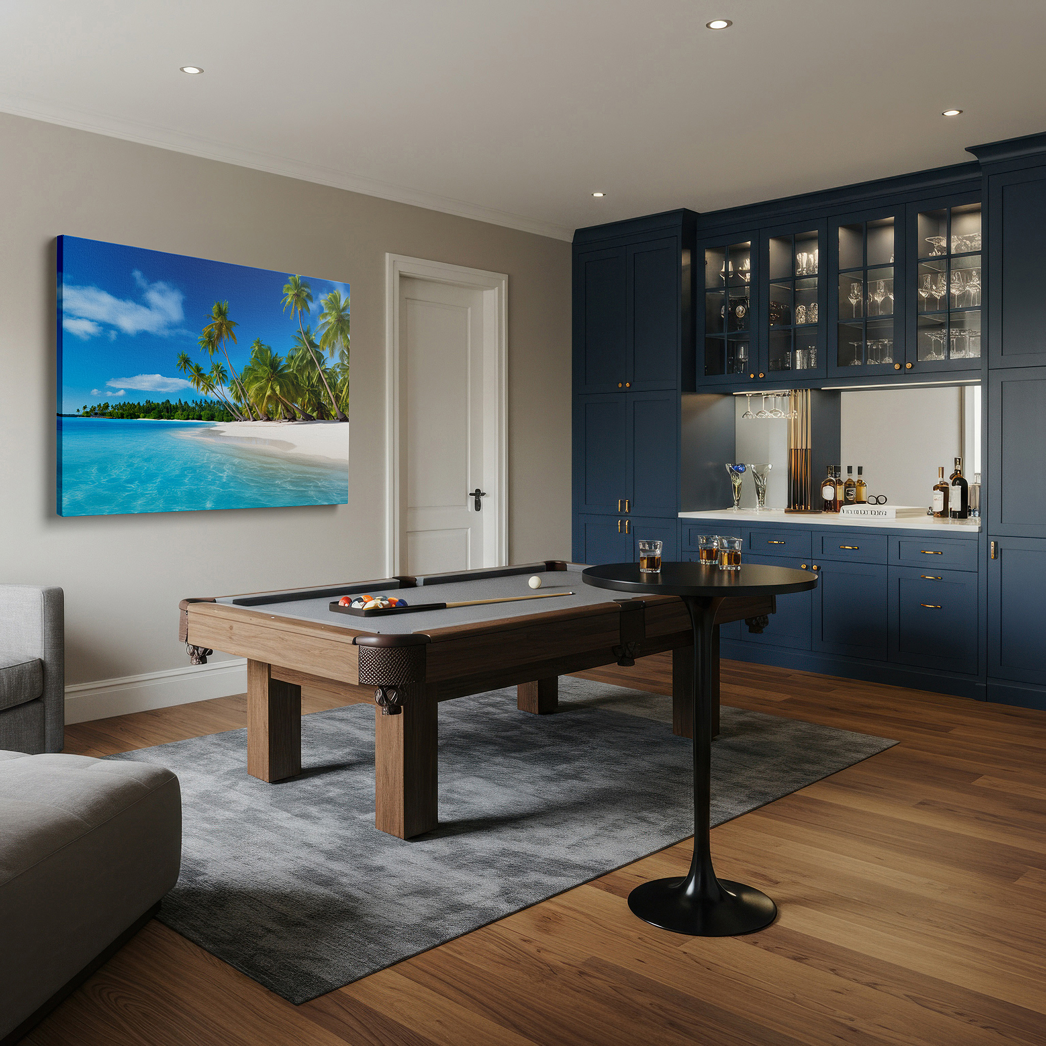 Presented on a clean white gallery wall with ample space — serene beach morning with golden sands and blue waters large wall art, canvas wall art, wall decor for office, bedroom, and living room