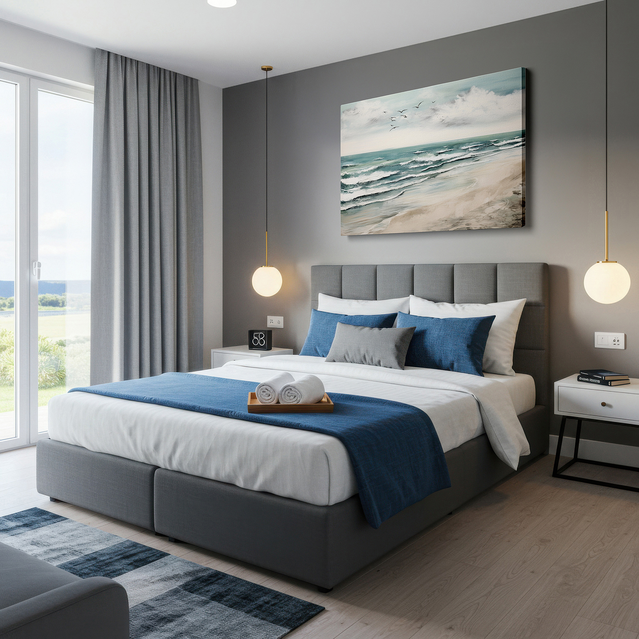 Presented on a clean white gallery wall with ample space — serene beach scene with gentle waves and soft sky: tranquil coastal escape large wall art, canvas wall art, wall decor for office and bedroom