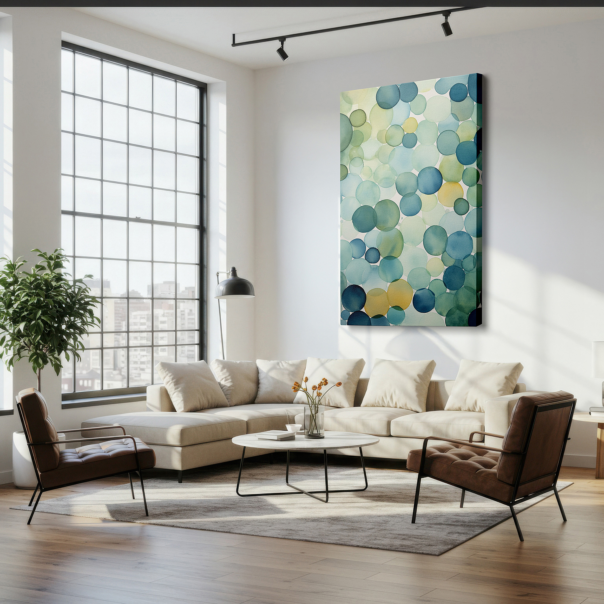 Presented on a clean white gallery wall with ample space — serene bubbles in blues and greens: tranquil abstract art for harmonious spaces - large wall art, canvas wall art, wall decor for office and bedroom
