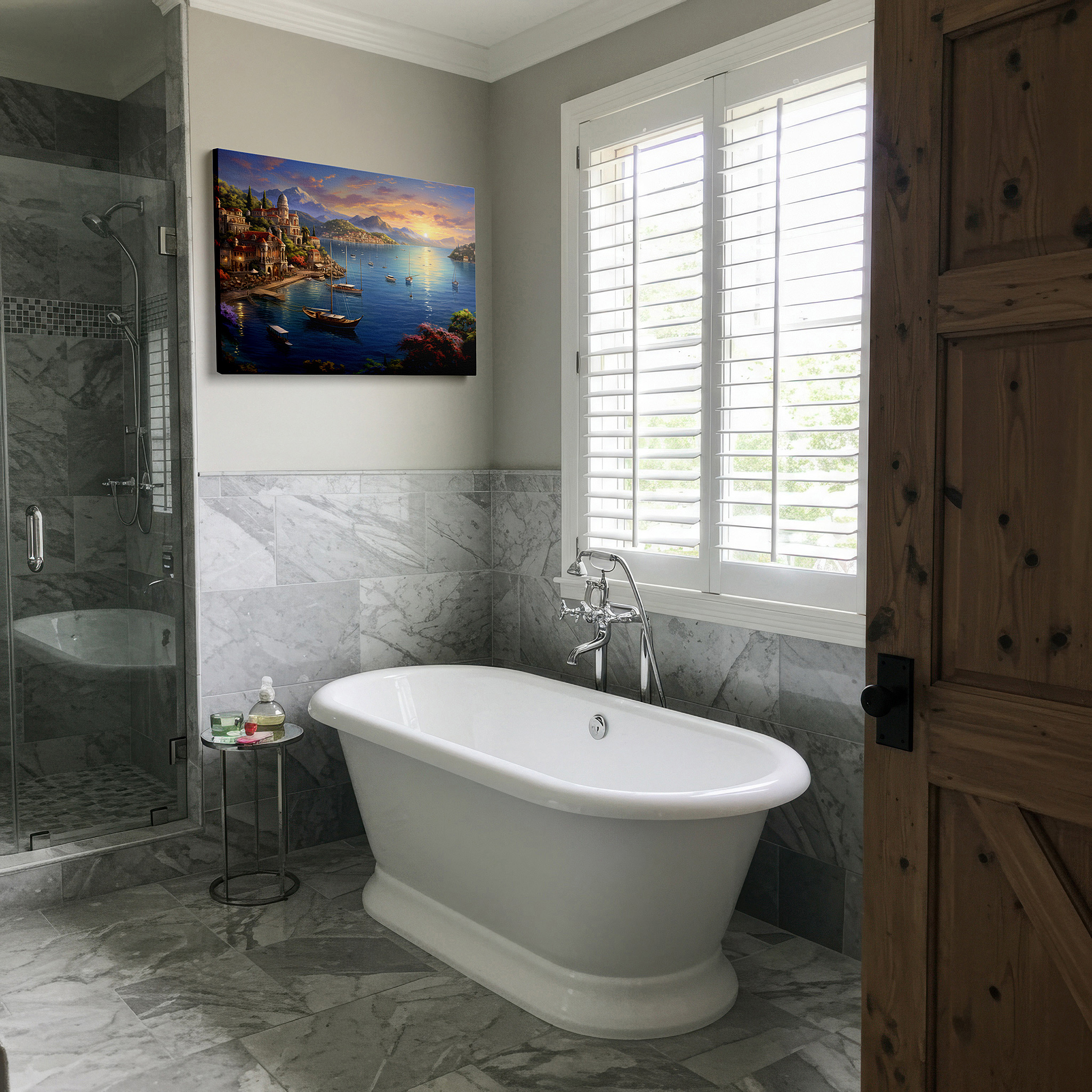 Presented on a clean white gallery wall with ample space — serene coastal village at sunset: quaint buildings bathed in golden glow - large wall art, canvas wall art, wall decor for office