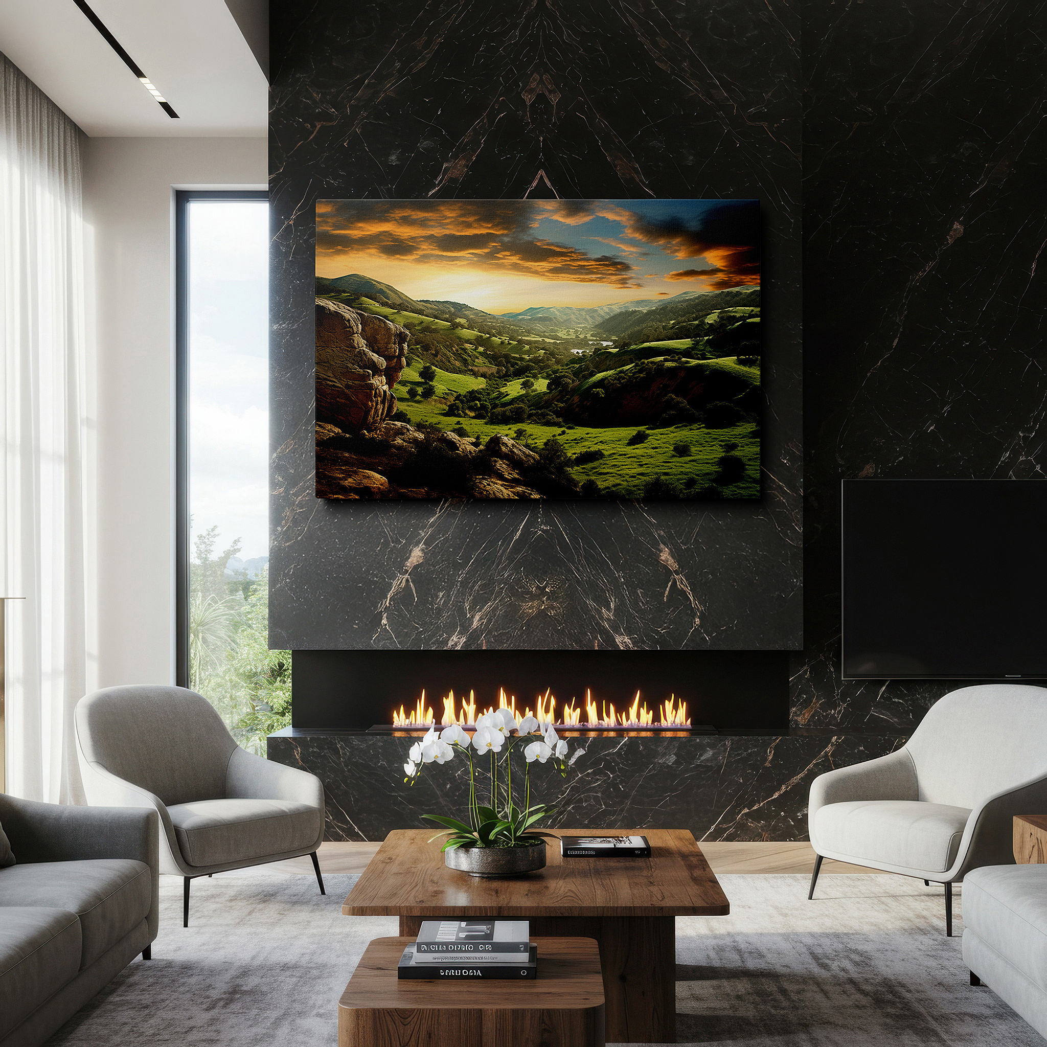 Presented on a clean white gallery wall with ample space — serene dusk landscape with sun setting behind rolling hills - large canvas wall art for office, bedroom, and living room decor
