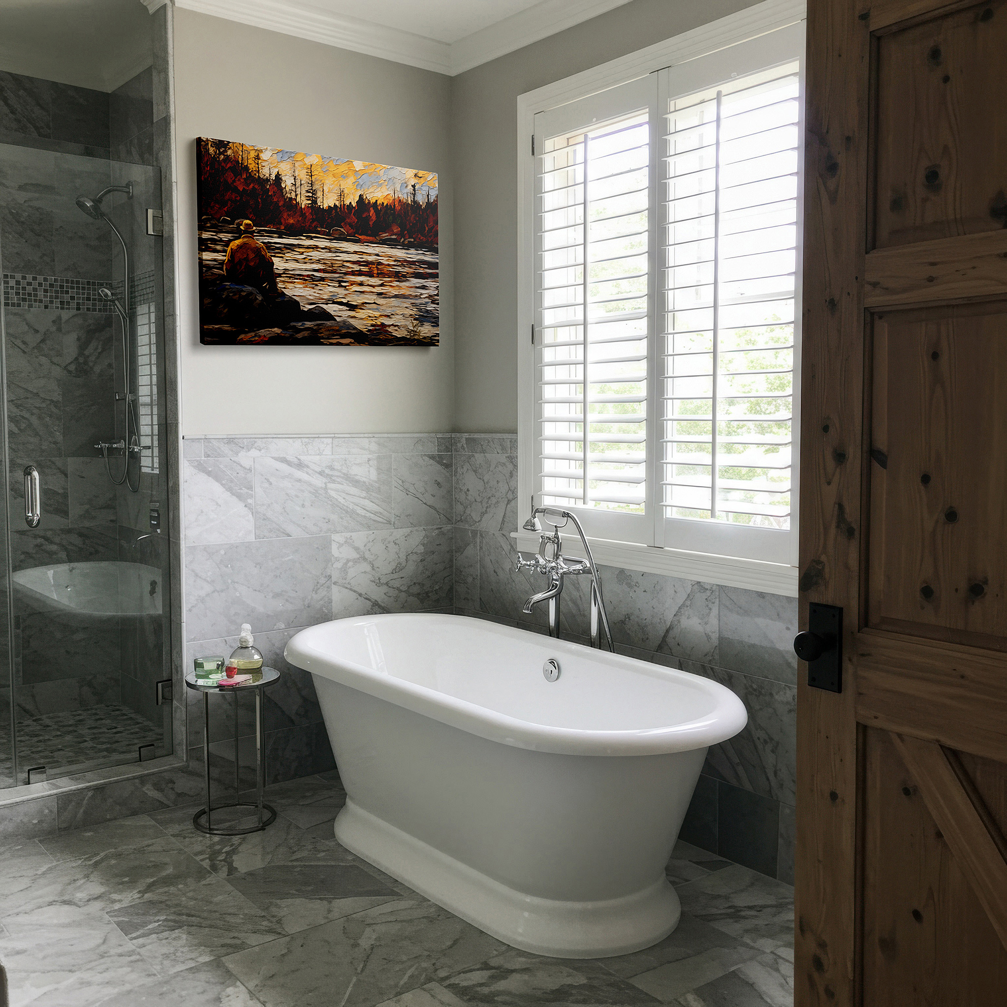 Presented on a clean white gallery wall with ample space — serene lakeside fishing at sunset: tranquil nature's palette reflected - large canvas wall art for office and bedroom decor
