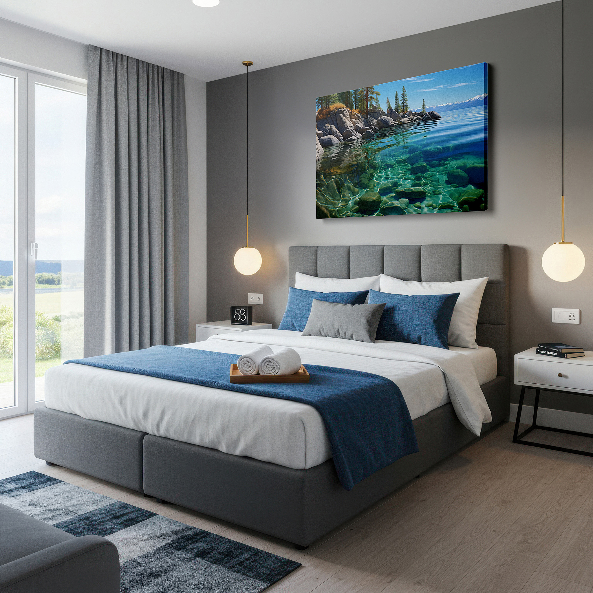 Presented on a clean white gallery wall with ample space — serene lakeside reflections with lush pines and rocky shores under a vibrant summer sky - large canvas wall art for office decor