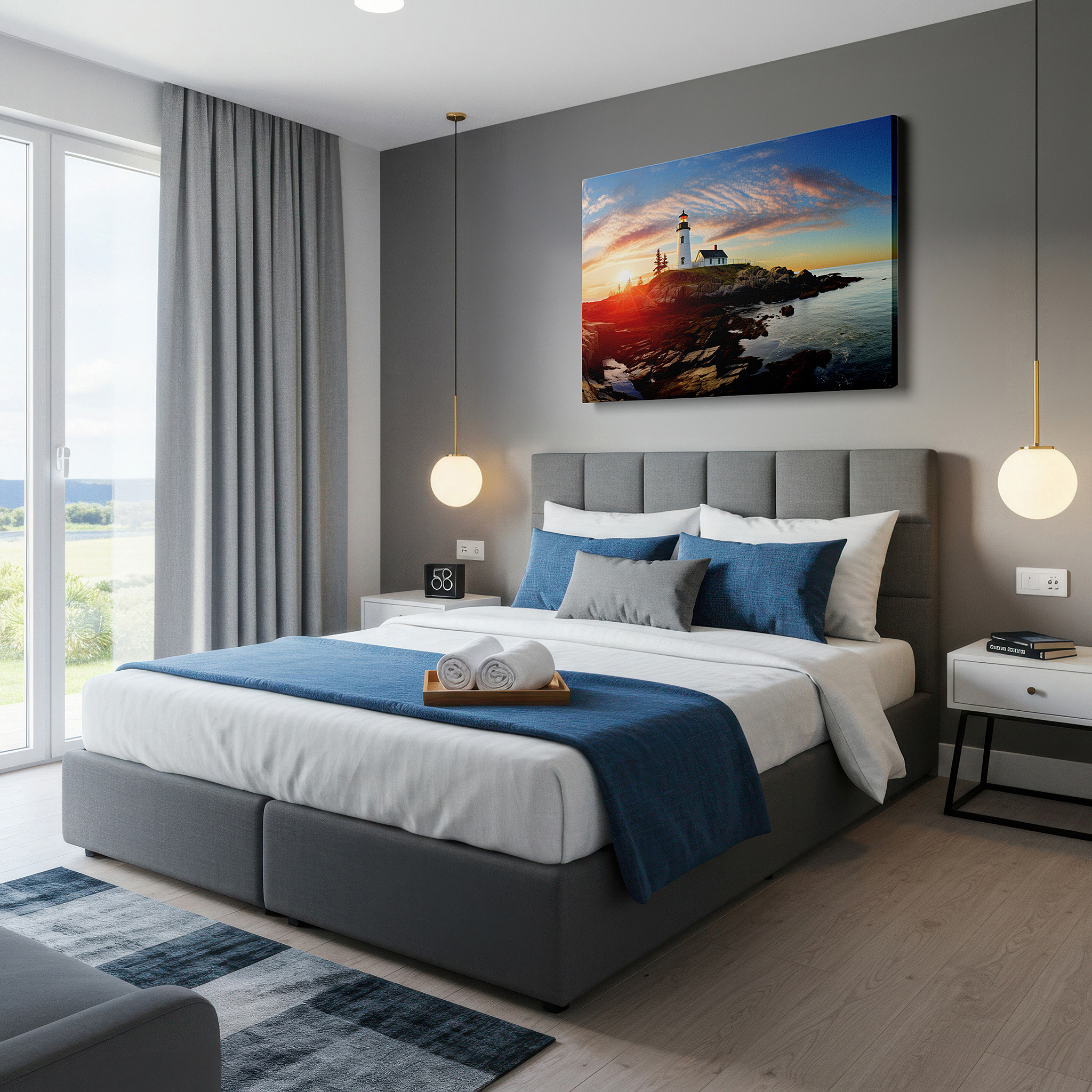 Presented on a clean white gallery wall with ample space — serene lighthouse at sunset: emblem of hope and resilience - dramatic nature scene large wall art, canvas wall art, wall decor for office