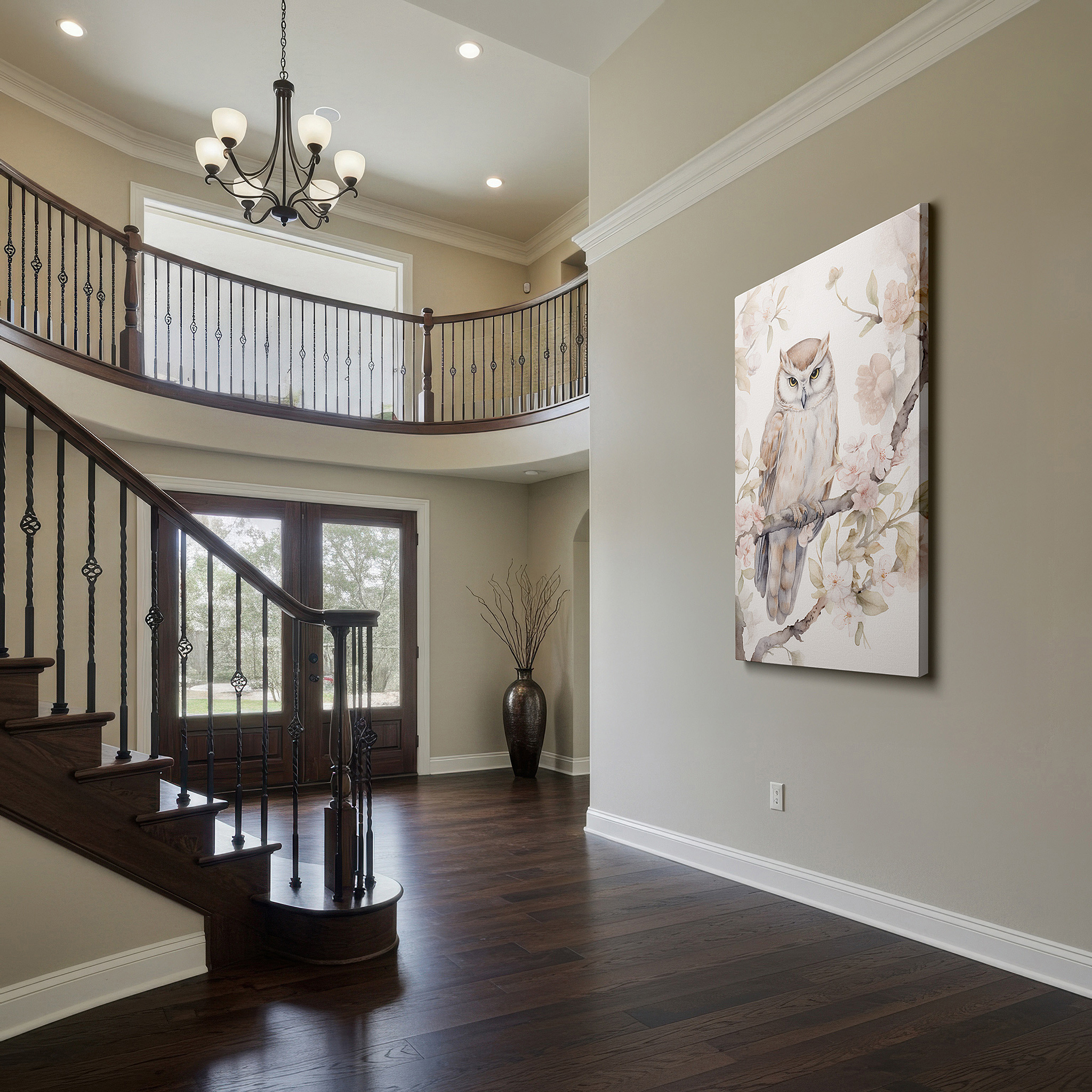 Presented on a clean white gallery wall with ample space — serene owl and cherry blossoms: embracing the transience of beauty - large canvas wall art for office and bedroom decor