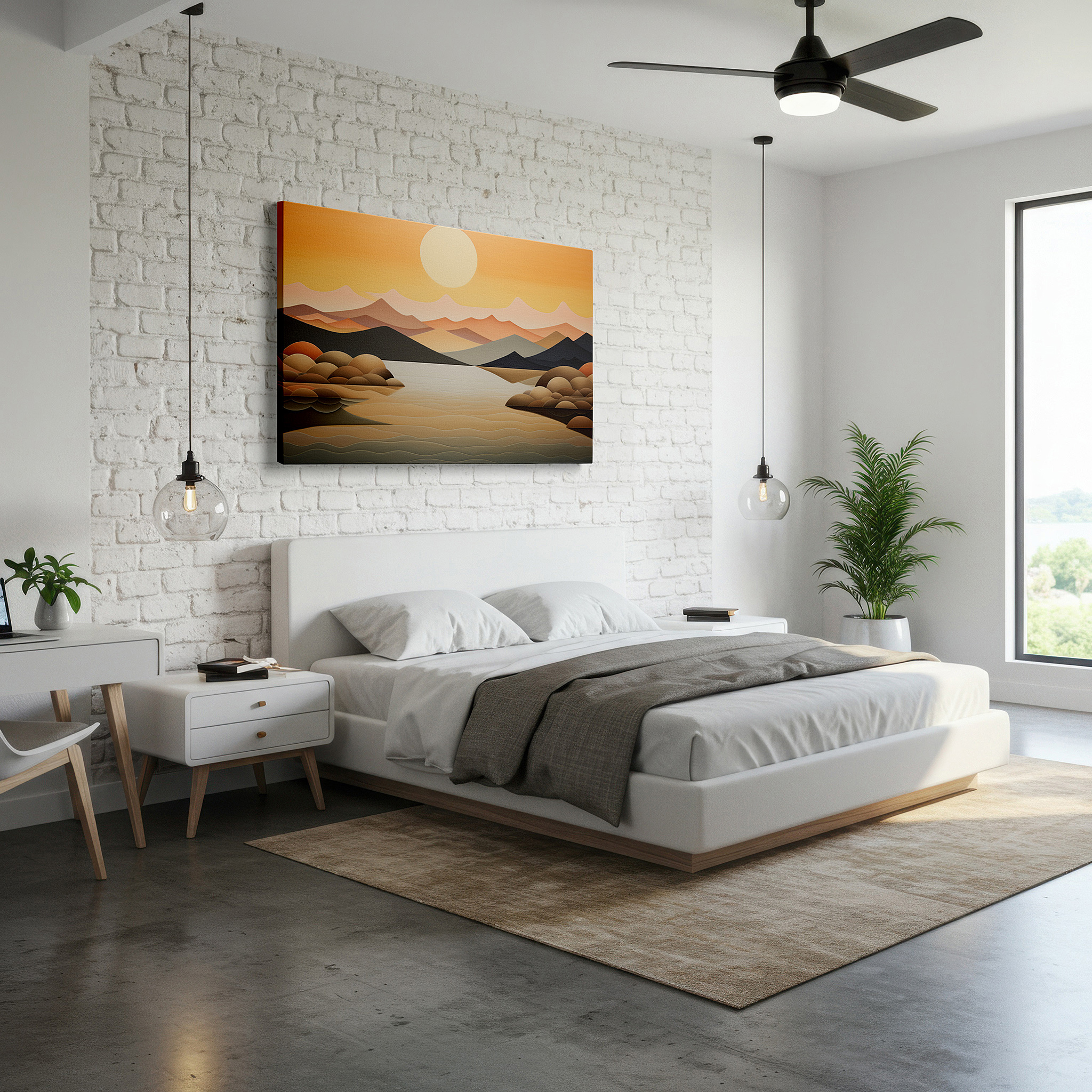 Presented on a clean white gallery wall with ample space — serene pastel landscape featuring soft hills and calm waters beneath a radiant sun, large canvas wall art for home and office decor