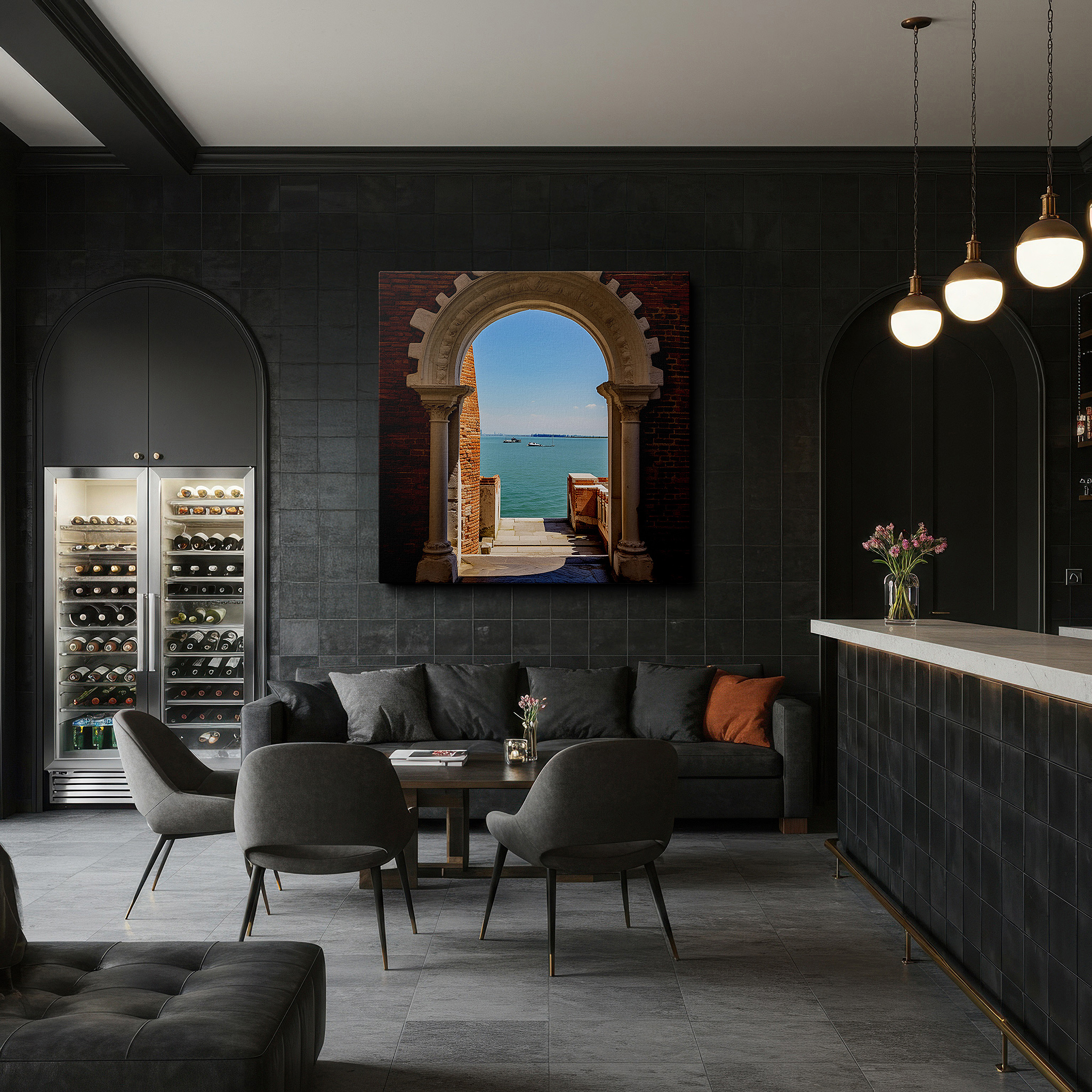 Presented on a clean white gallery wall with ample space — serene seaside view through a graceful archway: a fusion of natural beauty and architectural excellence, large canvas wall art for home and office decor