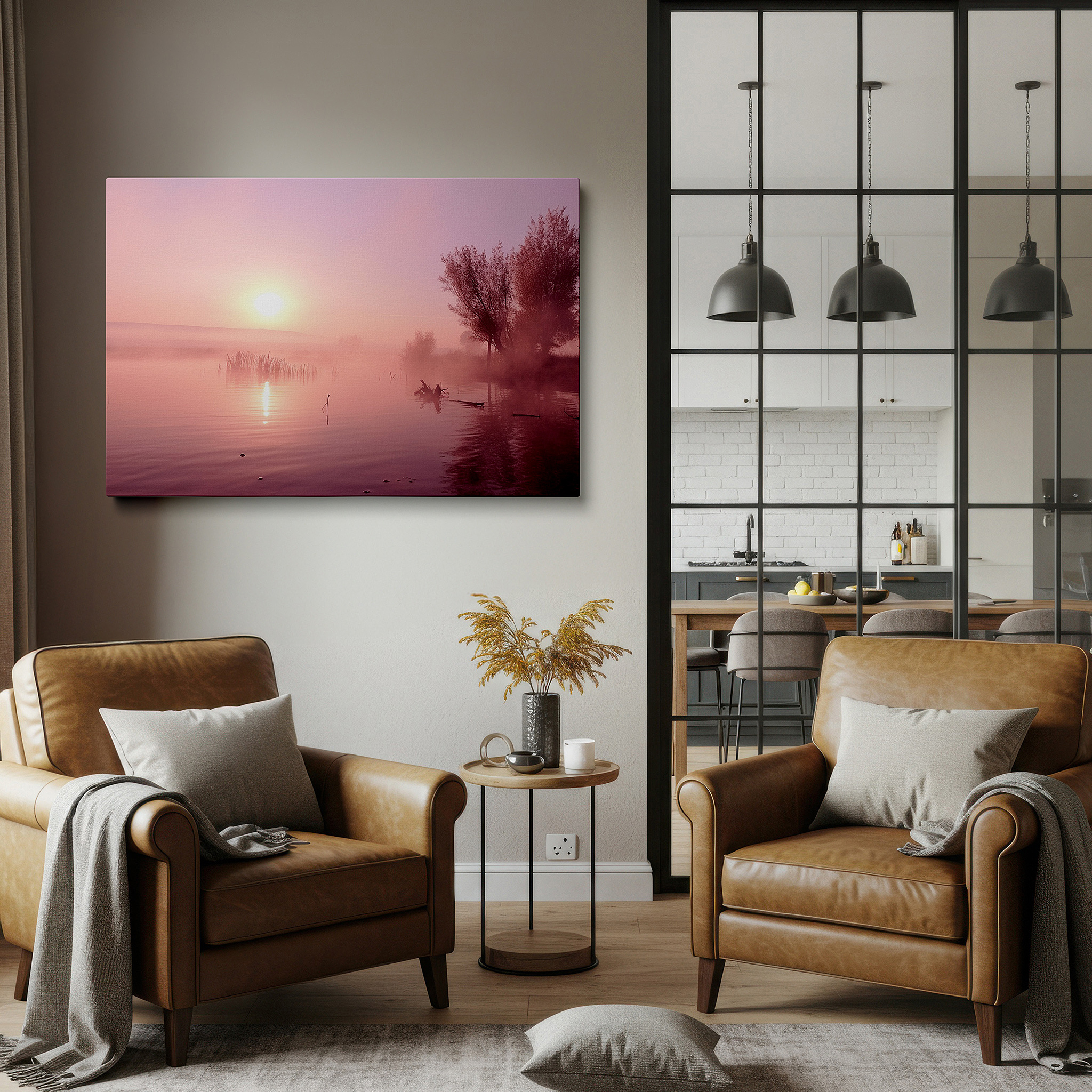 Presented on a clean white gallery wall with ample space — serene sunrise over misty lake wall art: ethereal light and soft pink hues for tranquility - large canvas wall art decor for office