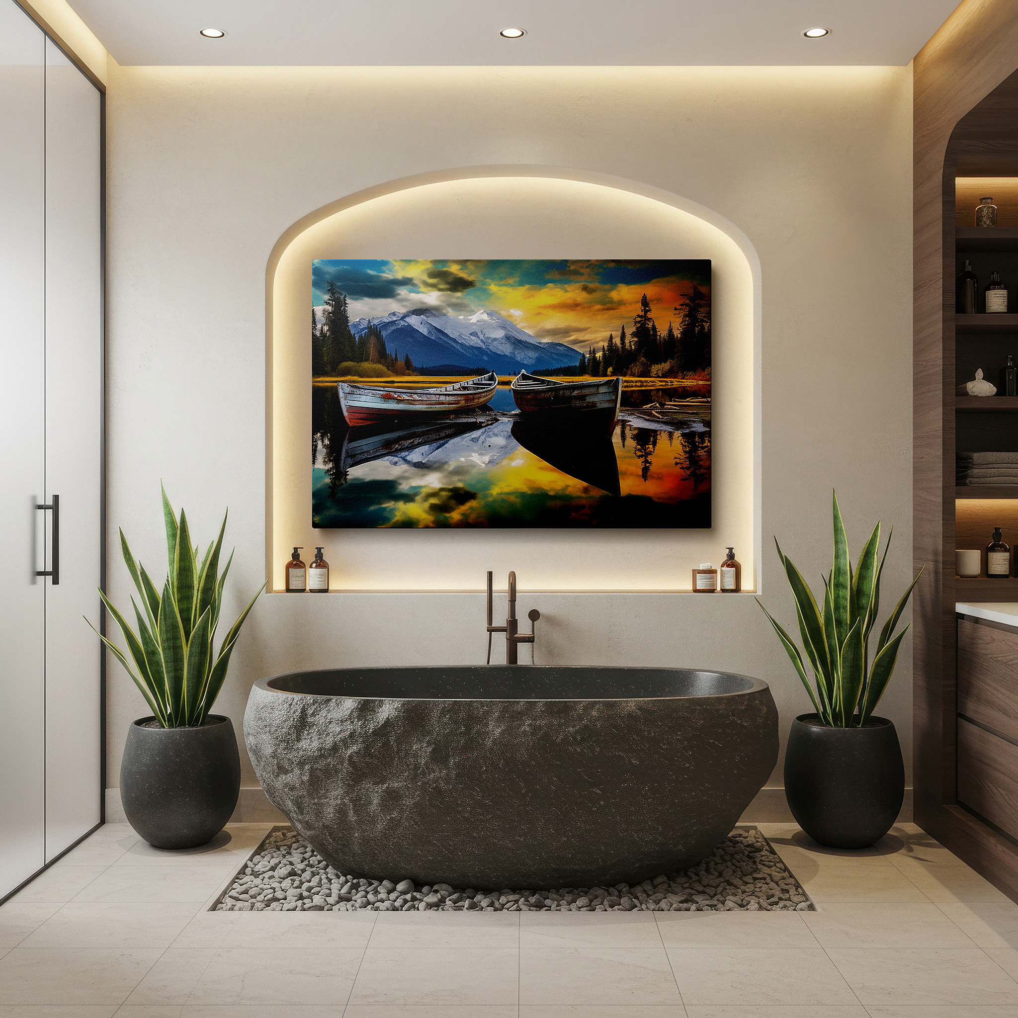 Presented on a clean white gallery wall with ample space — serene sunset boats on a mountain lake canvas print: large wall art depicting nature's grandeur and inner peace for home and office decor