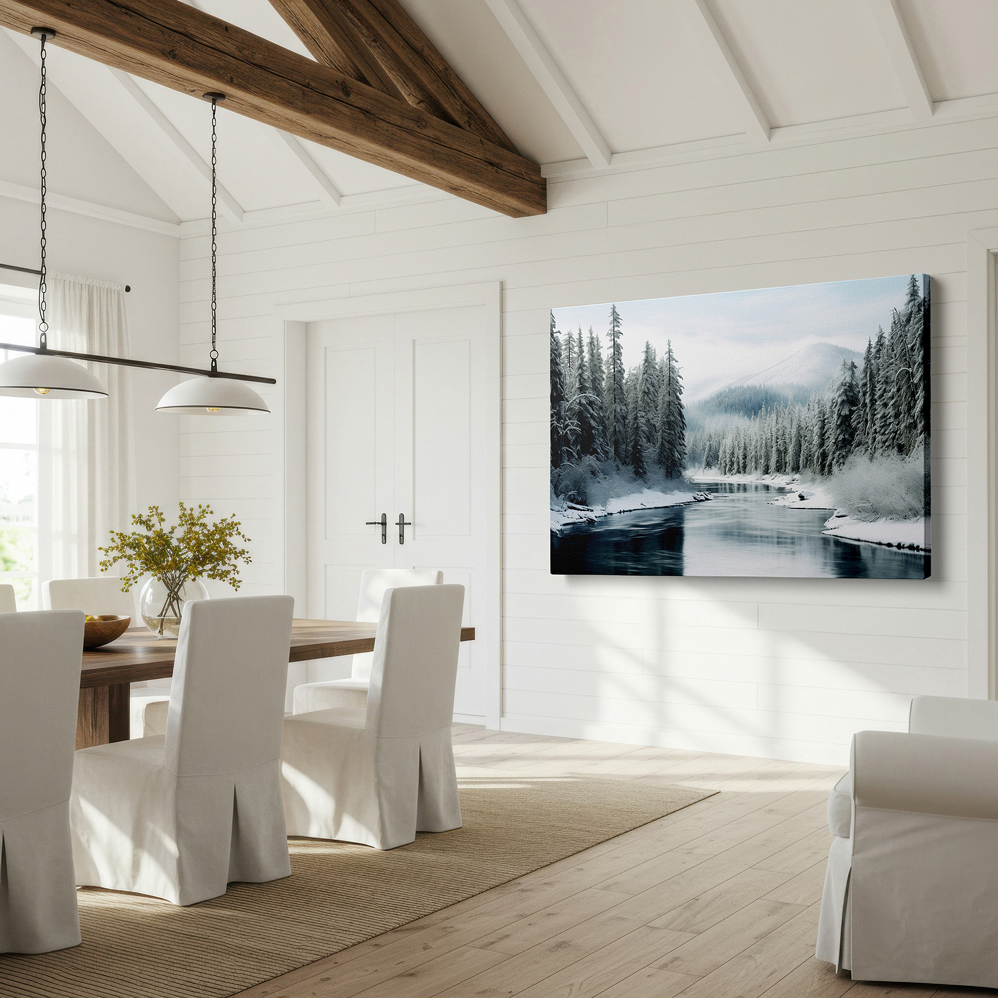 Presented on a clean white gallery wall with ample space — serene winter river scene, peaceful snow-covered forest journey large wall art, canvas wall art, wall decor for office and bedroom