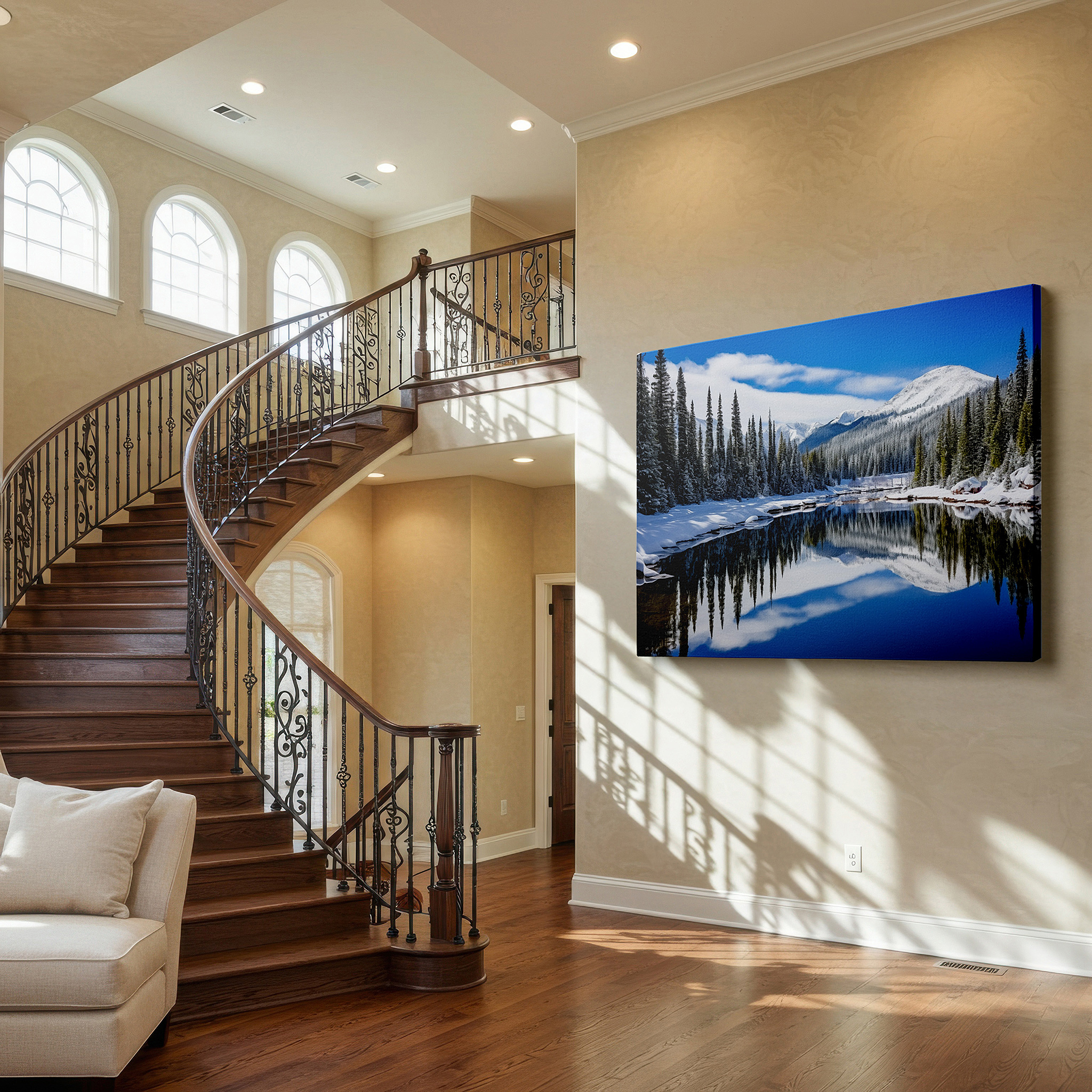 Presented on a clean white gallery wall with ample space — serene winter scene: snow-covered trees by a peaceful lake under a bright blue sky - large canvas wall art decor