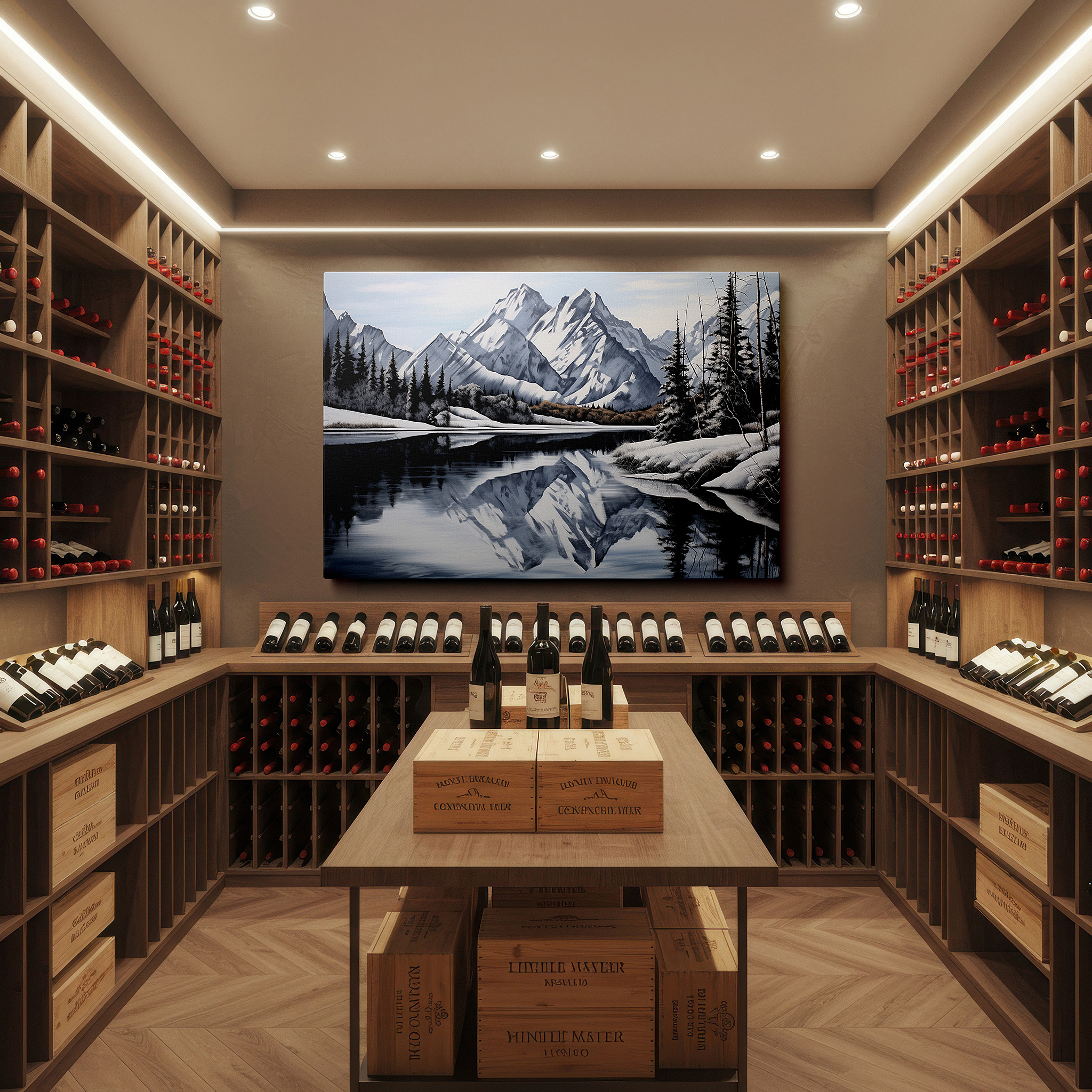 Presented on a clean white gallery wall with ample space — snow-capped mountain and reflective lake large canvas wall art for office, bedroom, and living room decor