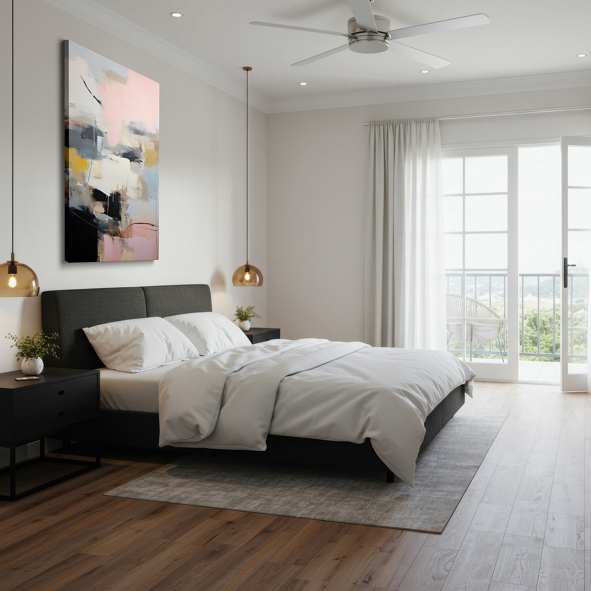 Presented on a clean white gallery wall with ample space — soft pink, deep black, and pristine white symphony: harmonious abstract expression large wall art, canvas wall art, wall decor for office