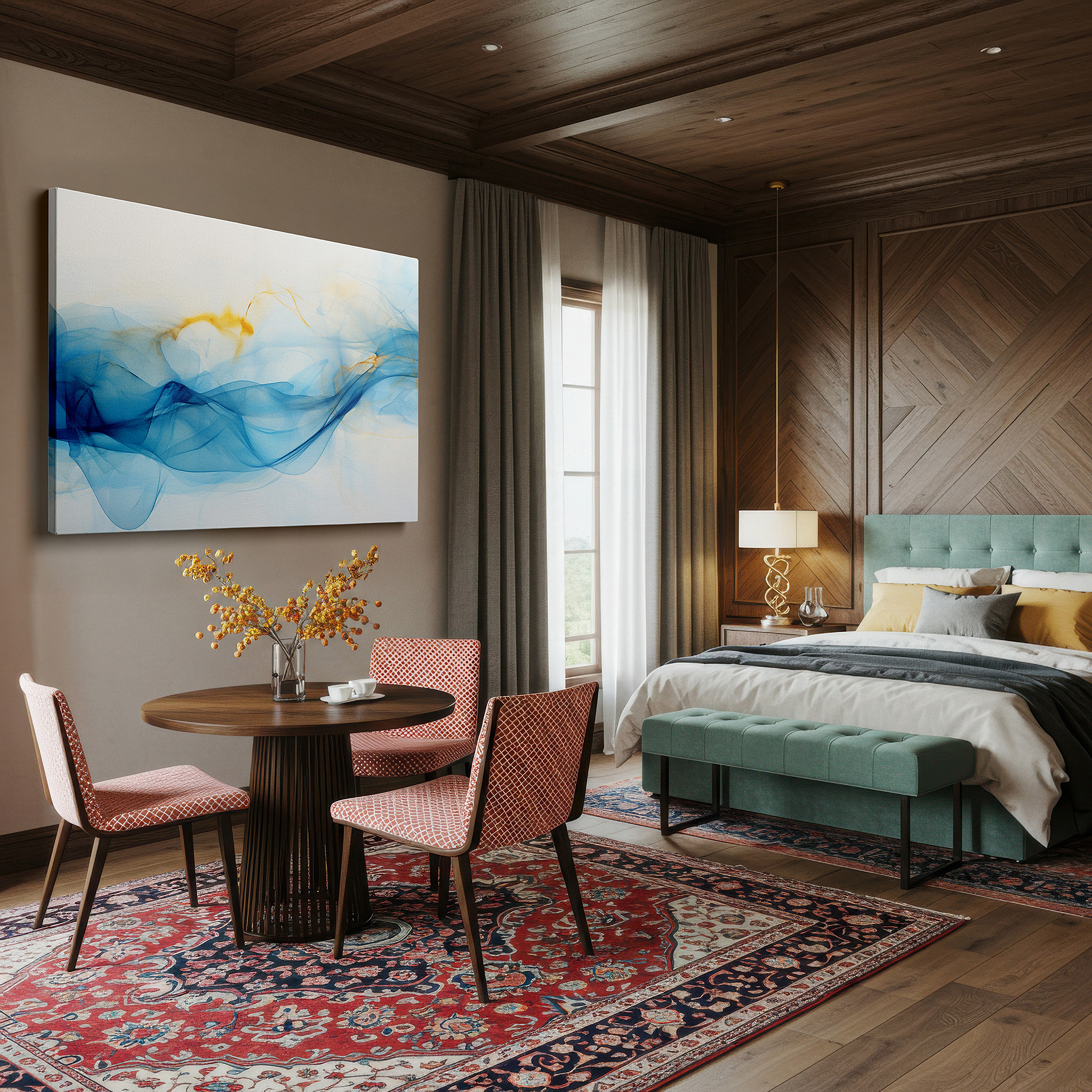 Presented on a clean white gallery wall with ample space — soothing blue and orange ethereal waves: tranquil and invigorating large wall art for office and bedroom decor, canvas wall art