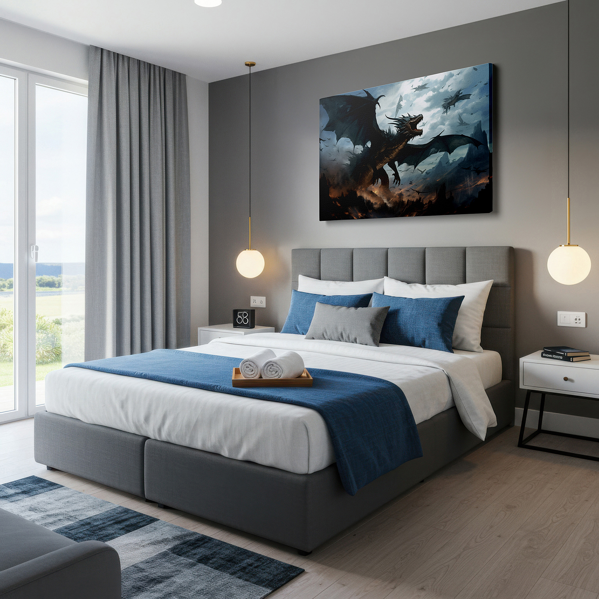 Presented on a clean white gallery wall with ample space — stormy skies and rugged mountains featuring fearsome dragon in flight - large canvas wall art for office and bedroom decor