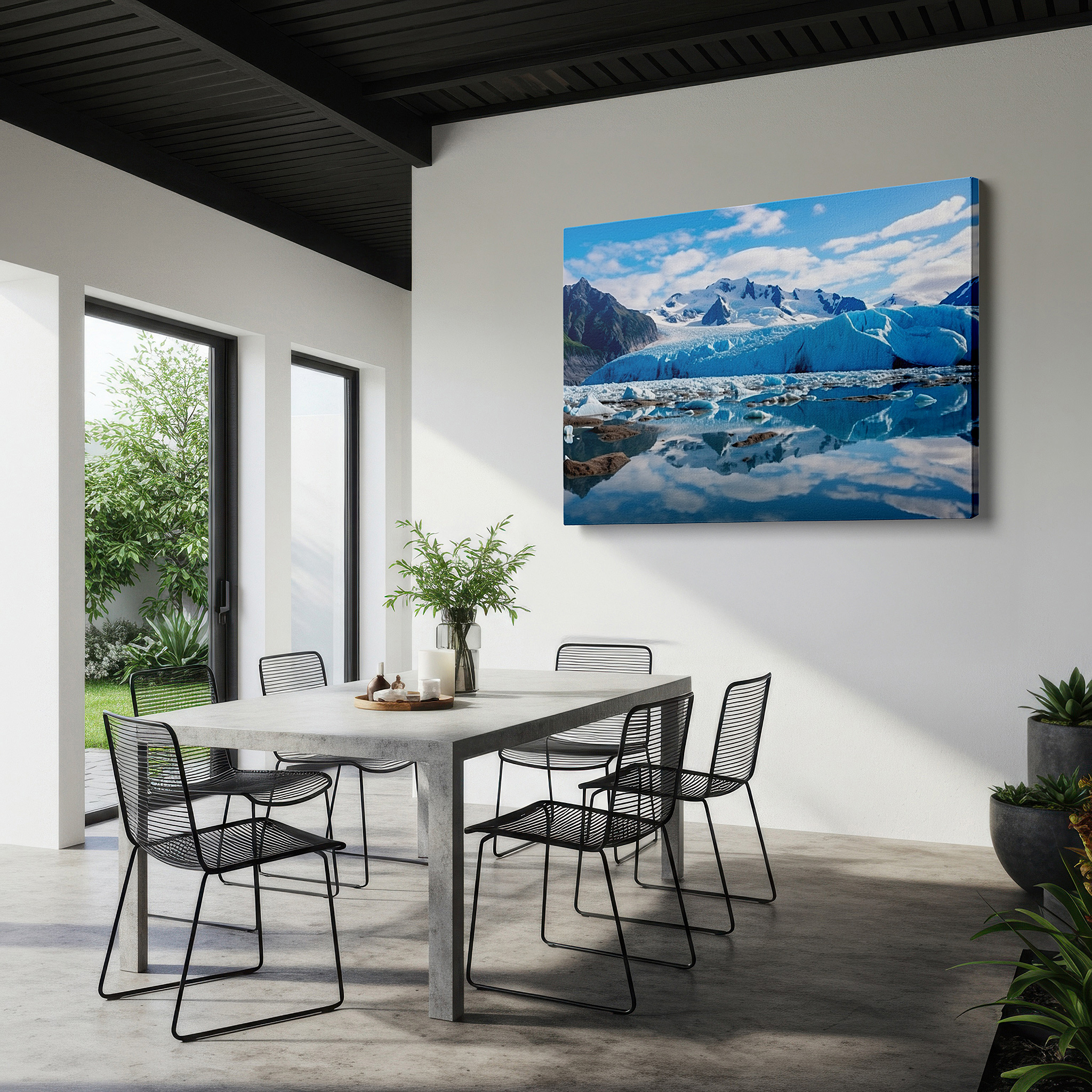 Presented on a clean white gallery wall with ample space — stunning glacier reflections in peaceful waters surrounded by lofty mountains - large canvas wall art for office and bedroom decor