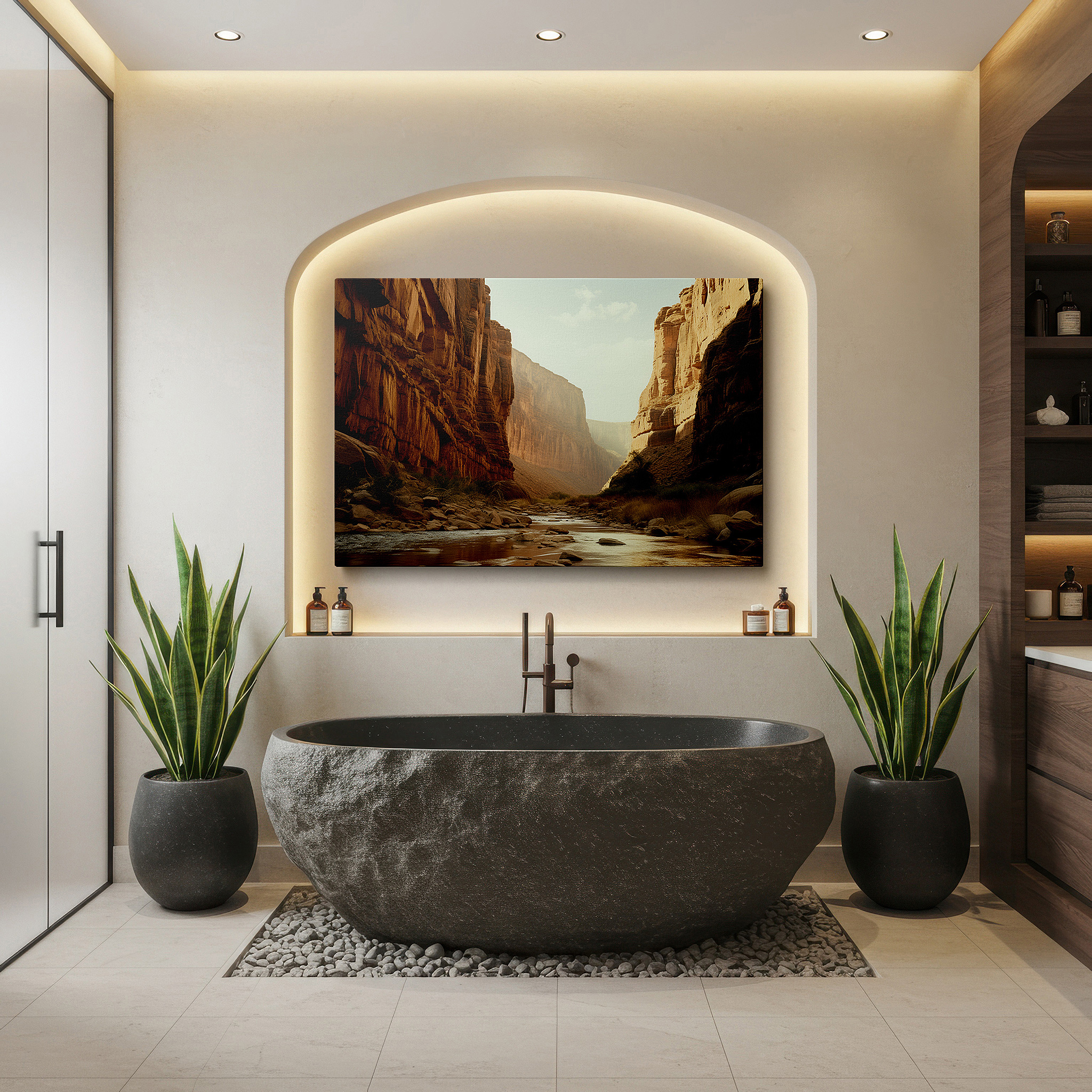 Presented on a clean white gallery wall with ample space — sunlit sandstone canyon with meandering river large canvas wall art for office and bedroom decor