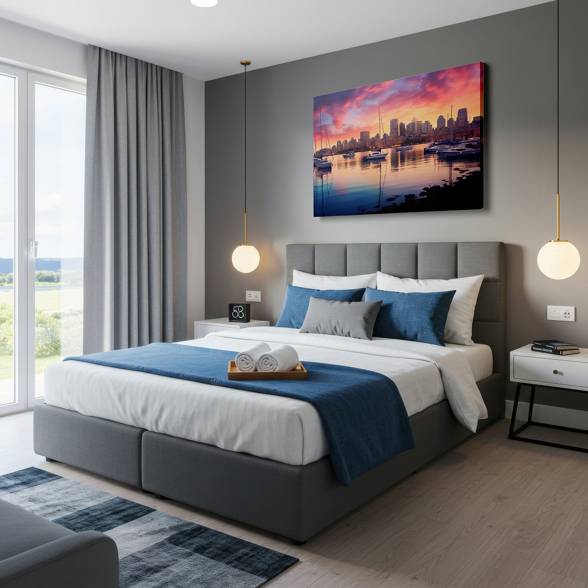 Presented on a clean white gallery wall with ample space — sunset city skyline - captivating urban energy meets serene nature large wall art, canvas wall art, wall decor, office wall art