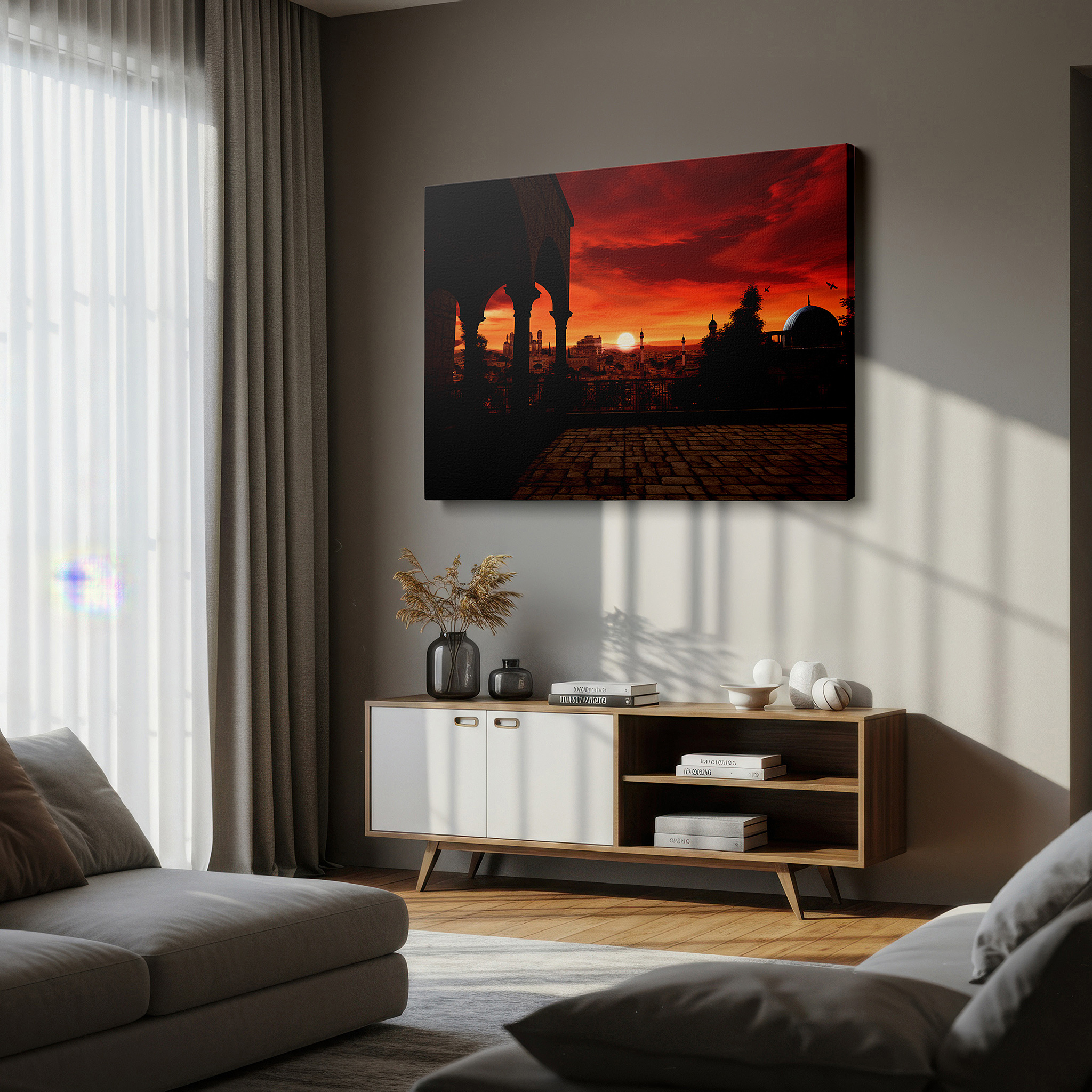 Presented on a clean white gallery wall with ample space — sunset over historic cityscape wall art featuring iconic domes and minarets - large canvas for office, bedroom, and living room decor