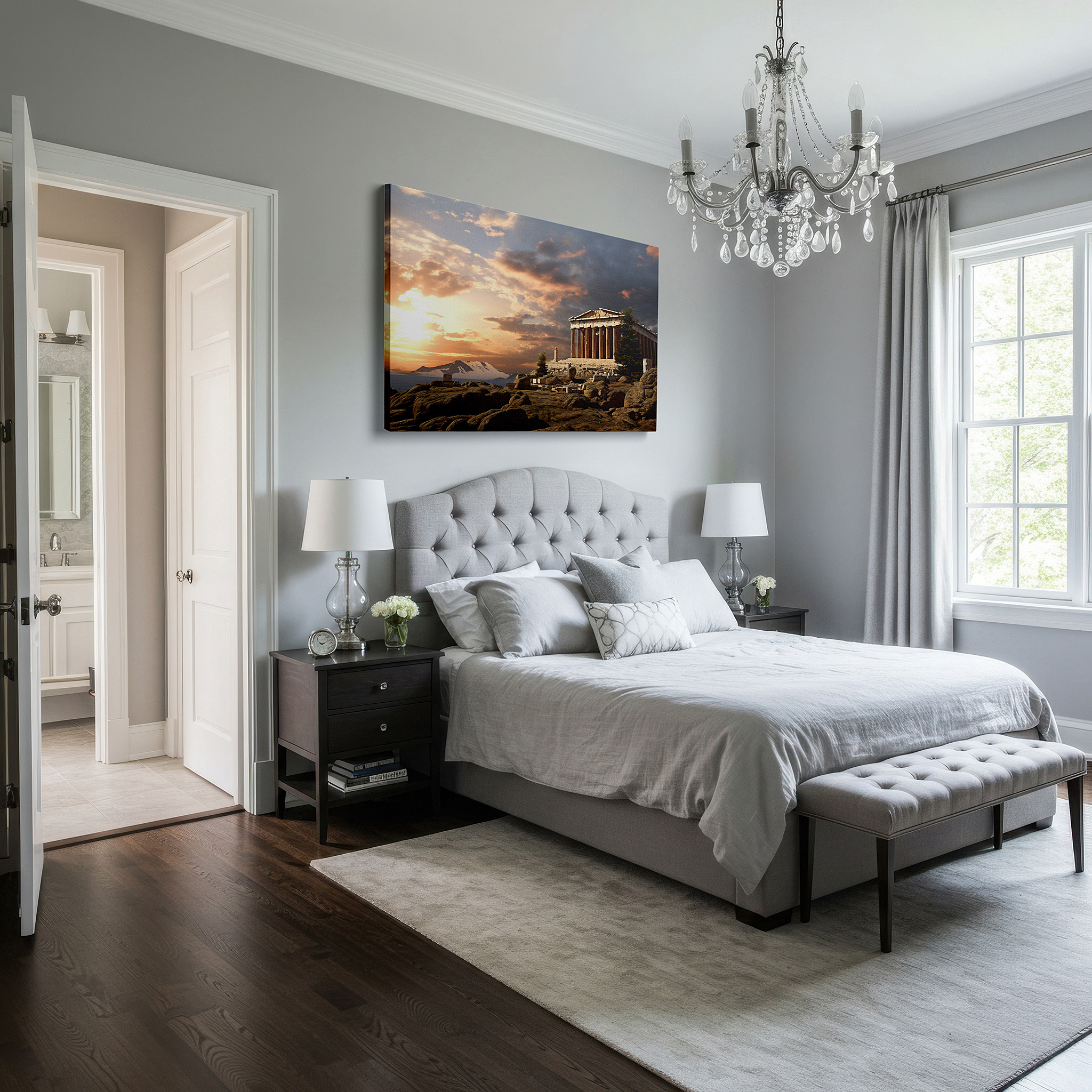 Presented on a clean white gallery wall with ample space — sunset at the majestic temple: a tribute to timeless elegance - large canvas wall art for office and bedroom decor