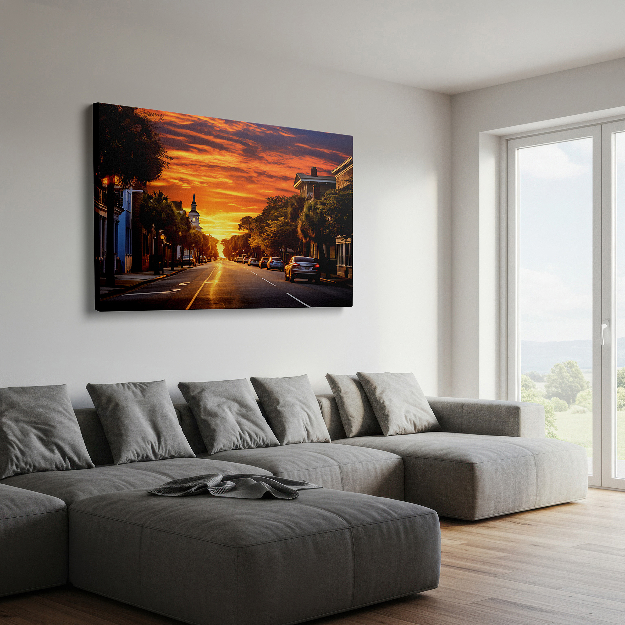 Presented on a clean white gallery wall with ample space — sunset serenade on a historic city street: large canvas wall art featuring warm hues and tropical vibes, ideal for office wall decor