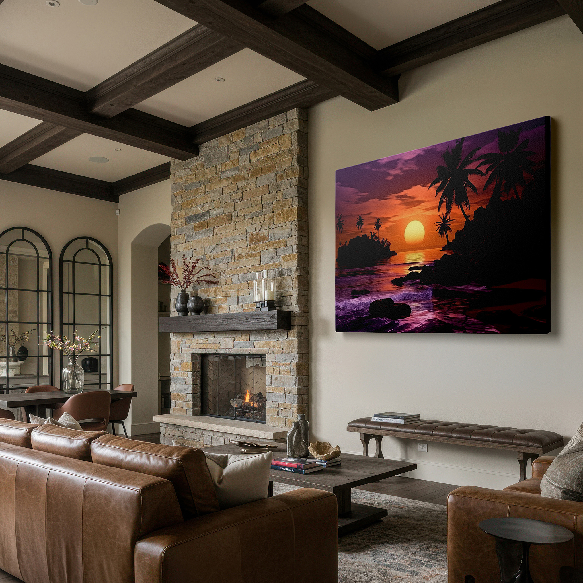 Presented on a clean white gallery wall with ample space — sunset in tropical paradise with glowing sun, majestic palms, and peaceful sea - large canvas wall art for office and bedroom decor