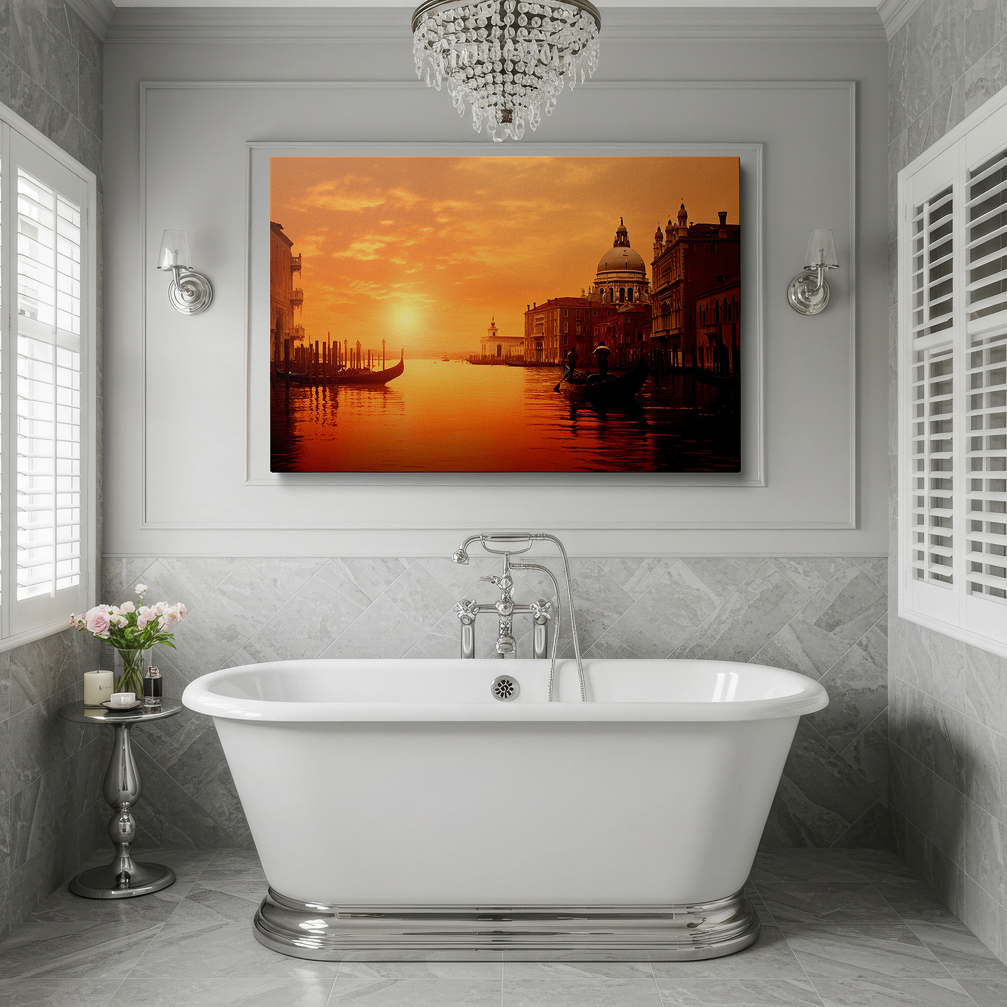 Presented on a clean white gallery wall with ample space — sunset over venice wall art: serene canalscape with gondolas and gothic architecture - large canvas art for home and office decor