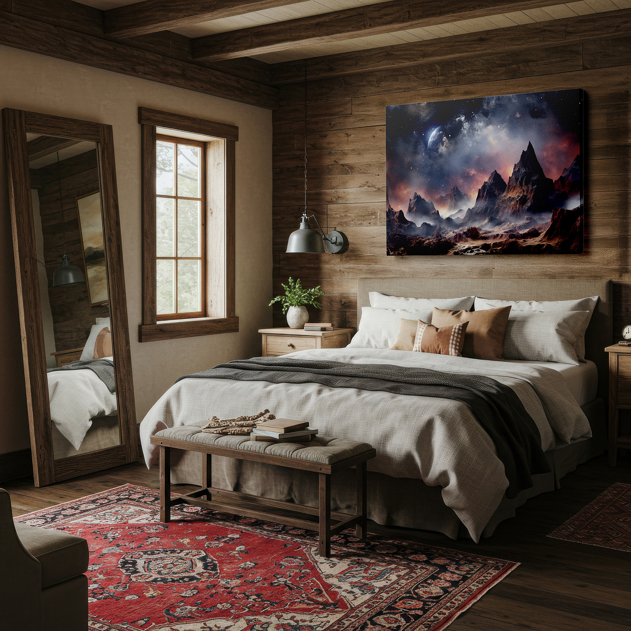 Presented on a clean white gallery wall with ample space — surreal alien landscape wall art: ethereal mountains and cosmic splendor - large canvas art for office and bedroom decor