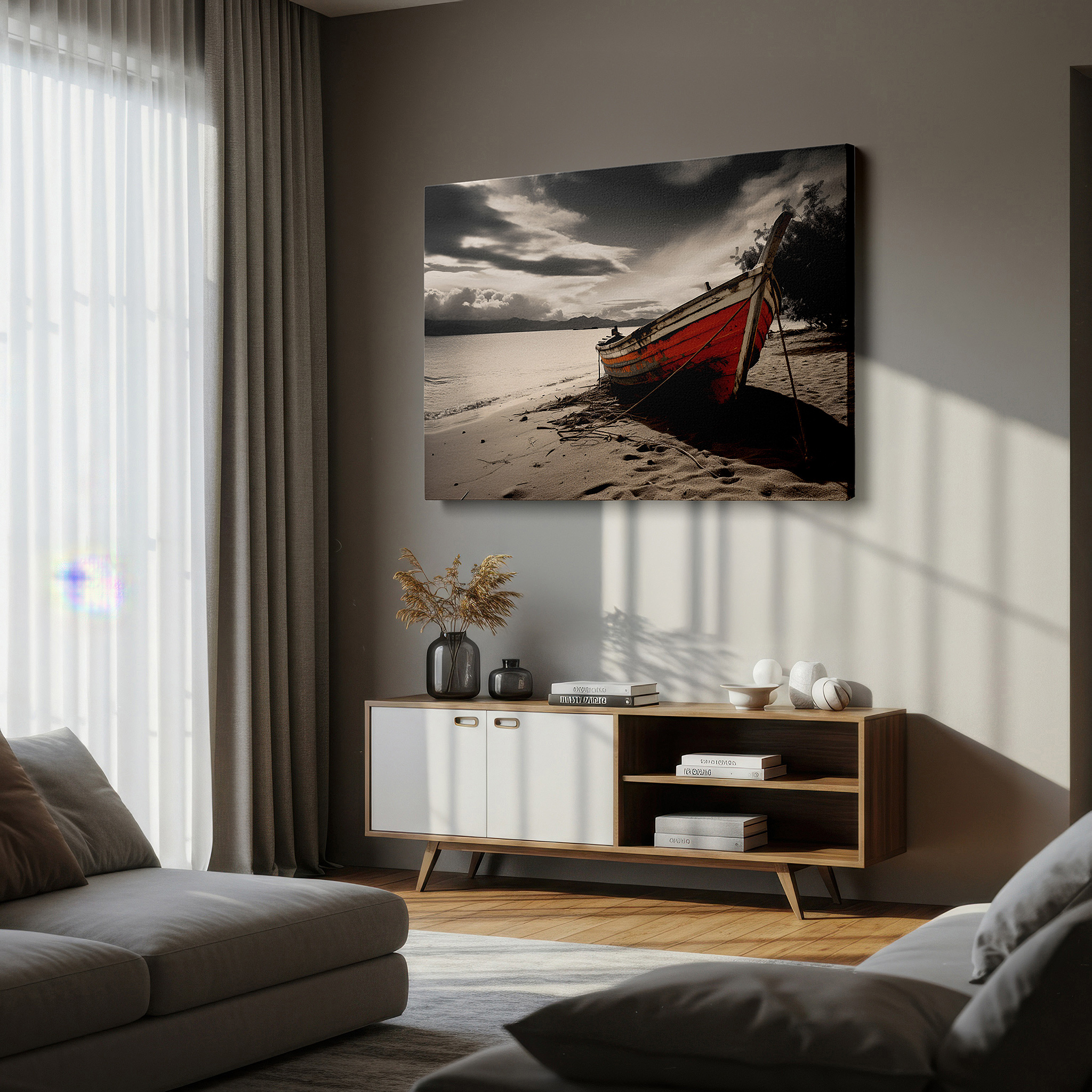 Presented on a clean white gallery wall with ample space — tranquil dusk and the abandoned boat on a sandy beach - large canvas wall art for office, bedroom, and living room decor