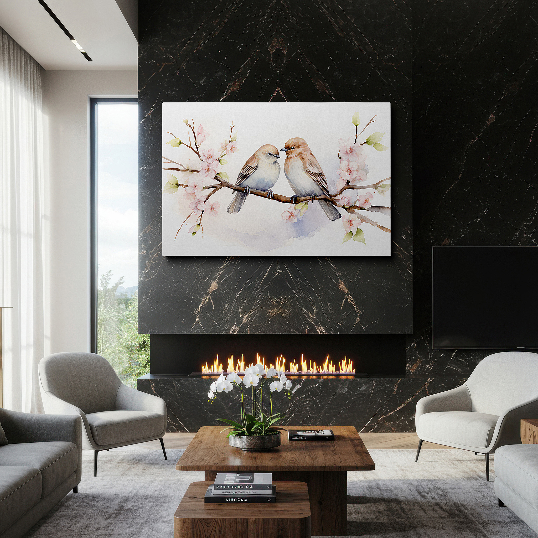 Presented on a clean white gallery wall with ample space — tranquil spring scene with birds on blossoming branches, serene nature large wall art, canvas wall decor for office