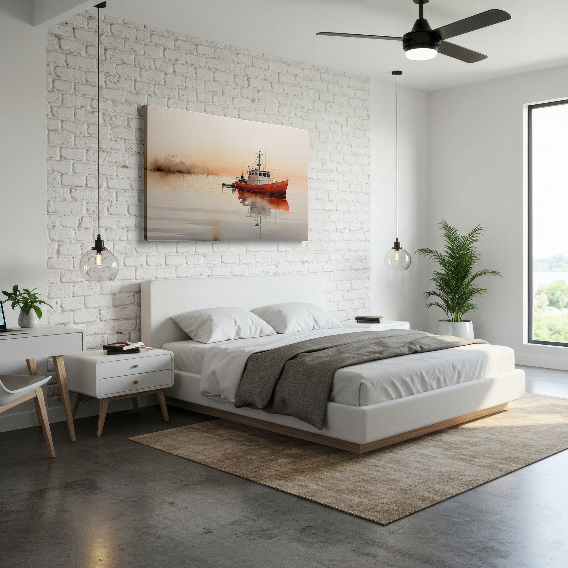 Presented on a clean white gallery wall with ample space — tranquil watercolor boat on calm waters, minimalist large wall art, canvas wall decor for office and bedroom