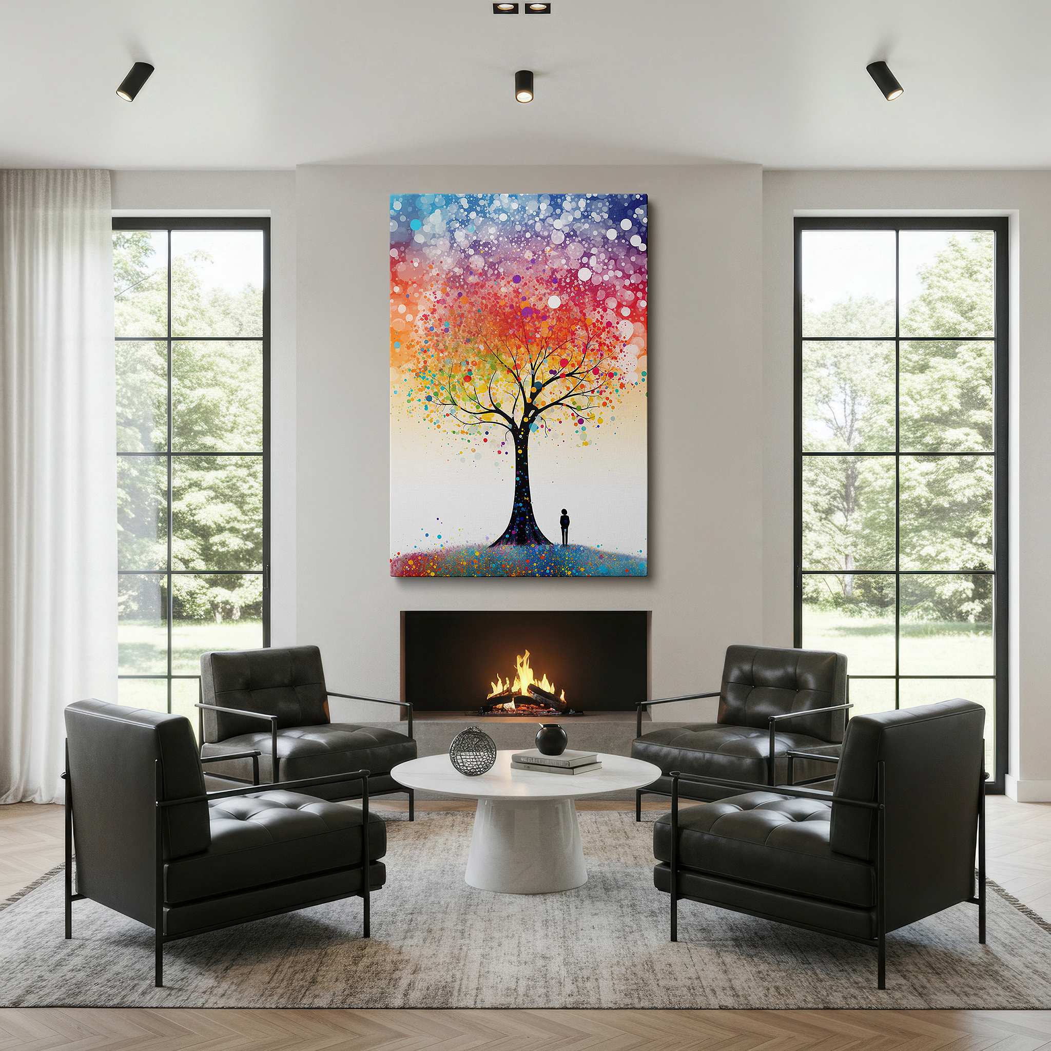 Presented on a clean white gallery wall with ample space — tree of life wall art: vibrant and symbolic representation of resilience and reflection, ideal for home and office decor, large canvas art