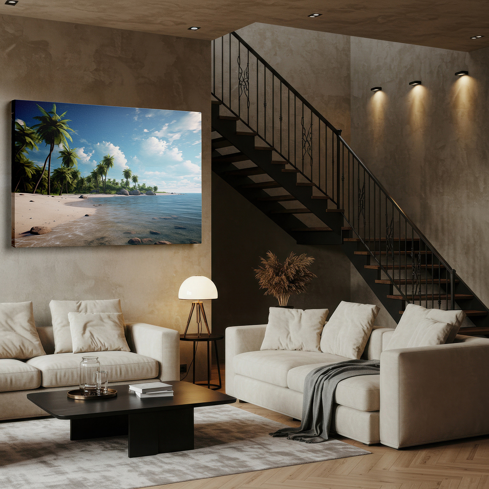 Presented on a clean white gallery wall with ample space — tropical beach serenity wall art featuring lush palms and sparkling turquoise waters, ideal for office and bedroom decor