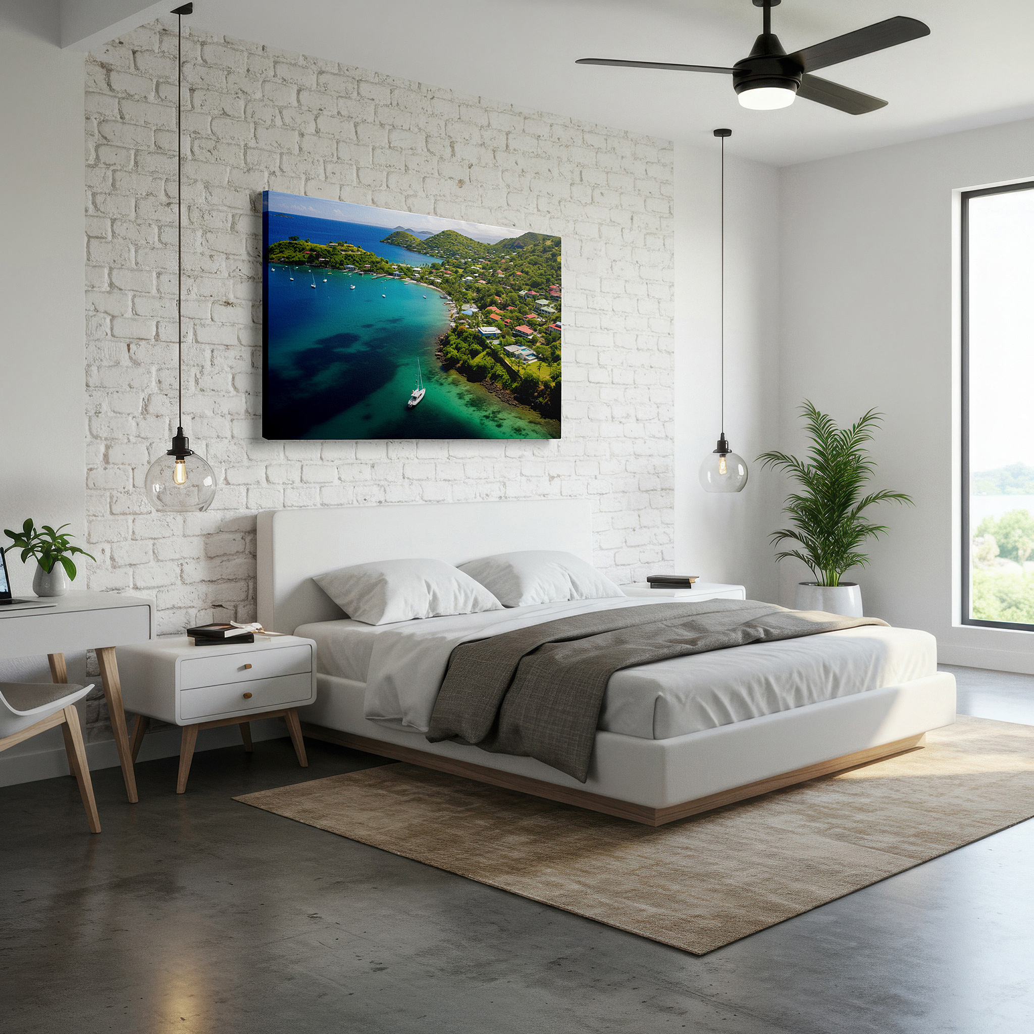 Presented on a clean white gallery wall with ample space — tropical coastline aerial view canvas wall art featuring azure waters and lush greenery for office and bedroom decor