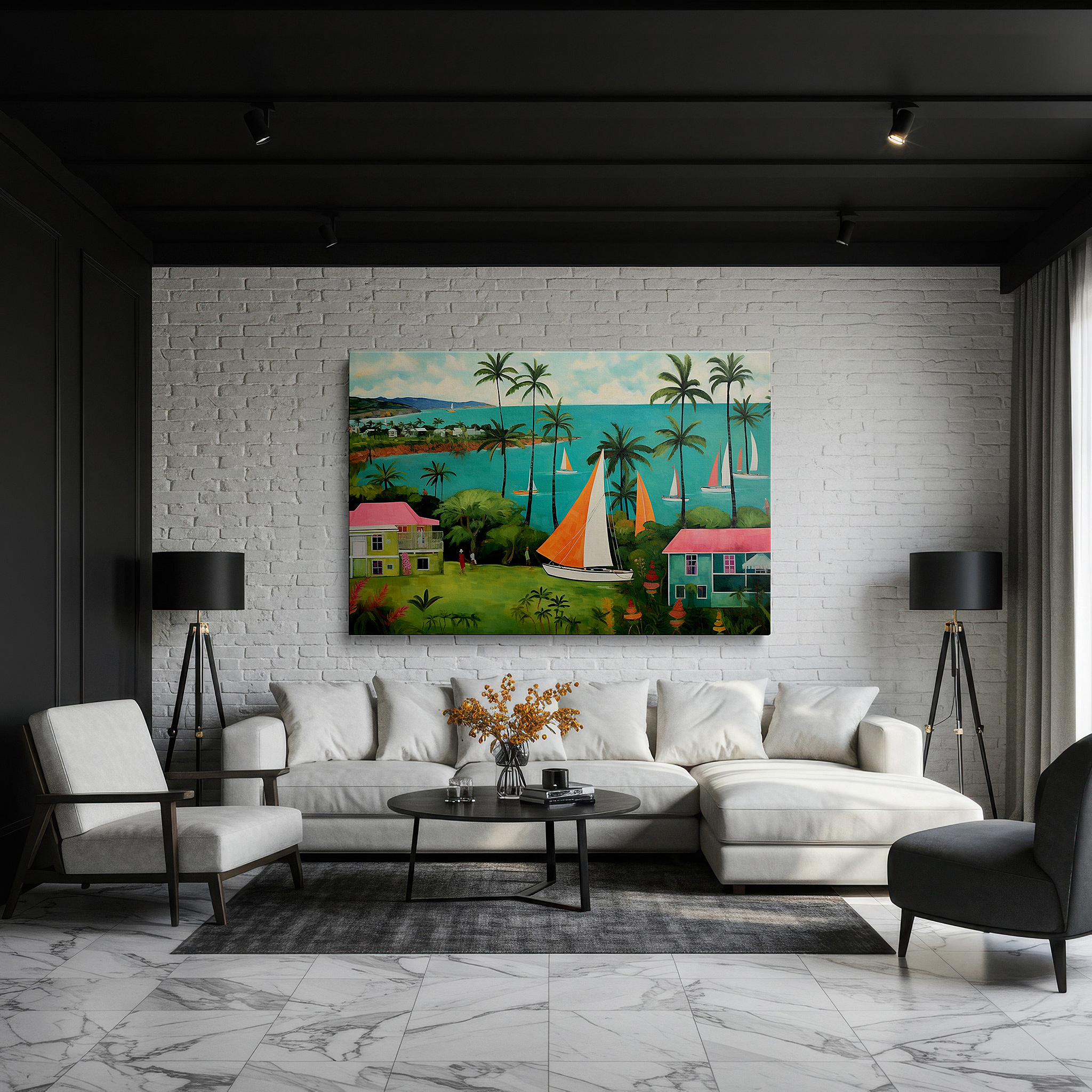 Presented on a clean white gallery wall with ample space — tropical paradise scene with vibrant sailboats and lush palms, serene seascape large canvas wall art for office and bedroom decor