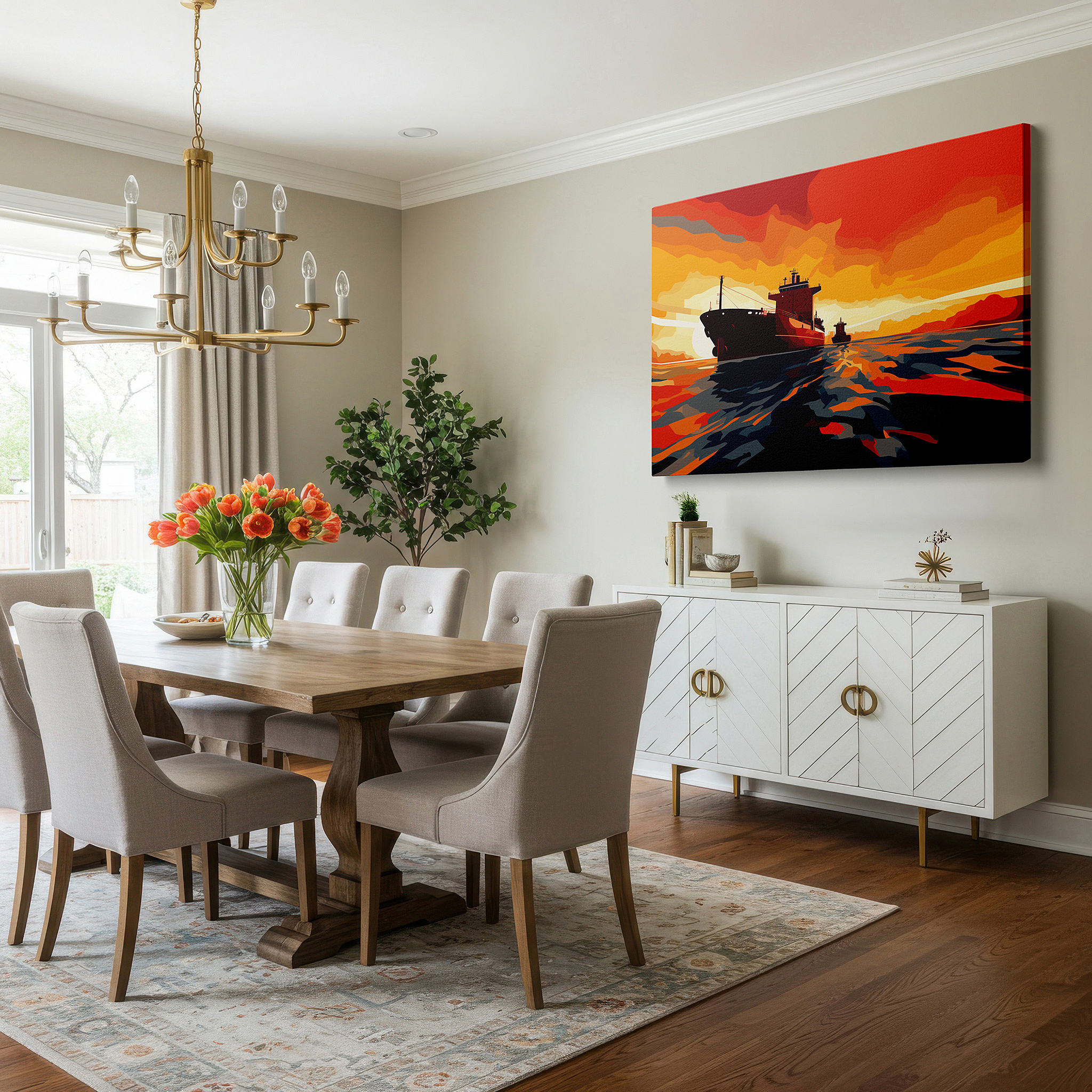 Presented on a clean white gallery wall with ample space — twilight cargo ships against a fiery horizon: reflecting nature's beauty and human endeavor - large canvas wall art for office decor