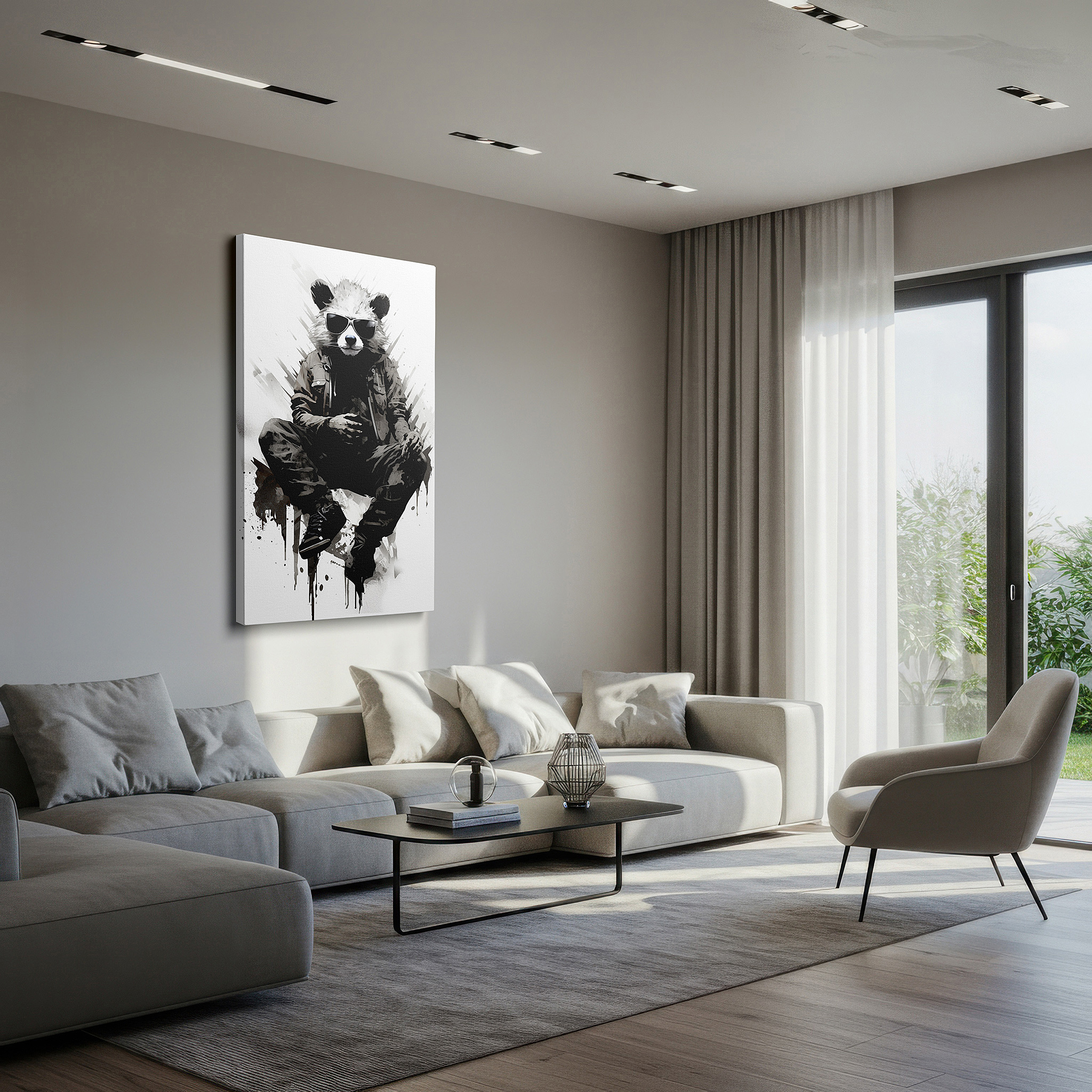 Presented on a clean white gallery wall with ample space — urban-chic panda wall art: blending nature and culture in trendy attire - perfect for office, bedroom, and living room decor