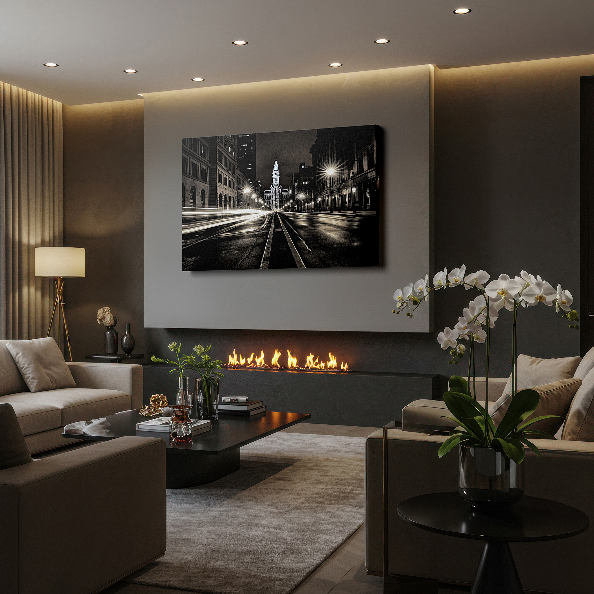 Presented on a clean white gallery wall with ample space — urban nightscape wall art: symphony of light and shadow - large canvas for home and office decor, perfect for living rooms and bedrooms