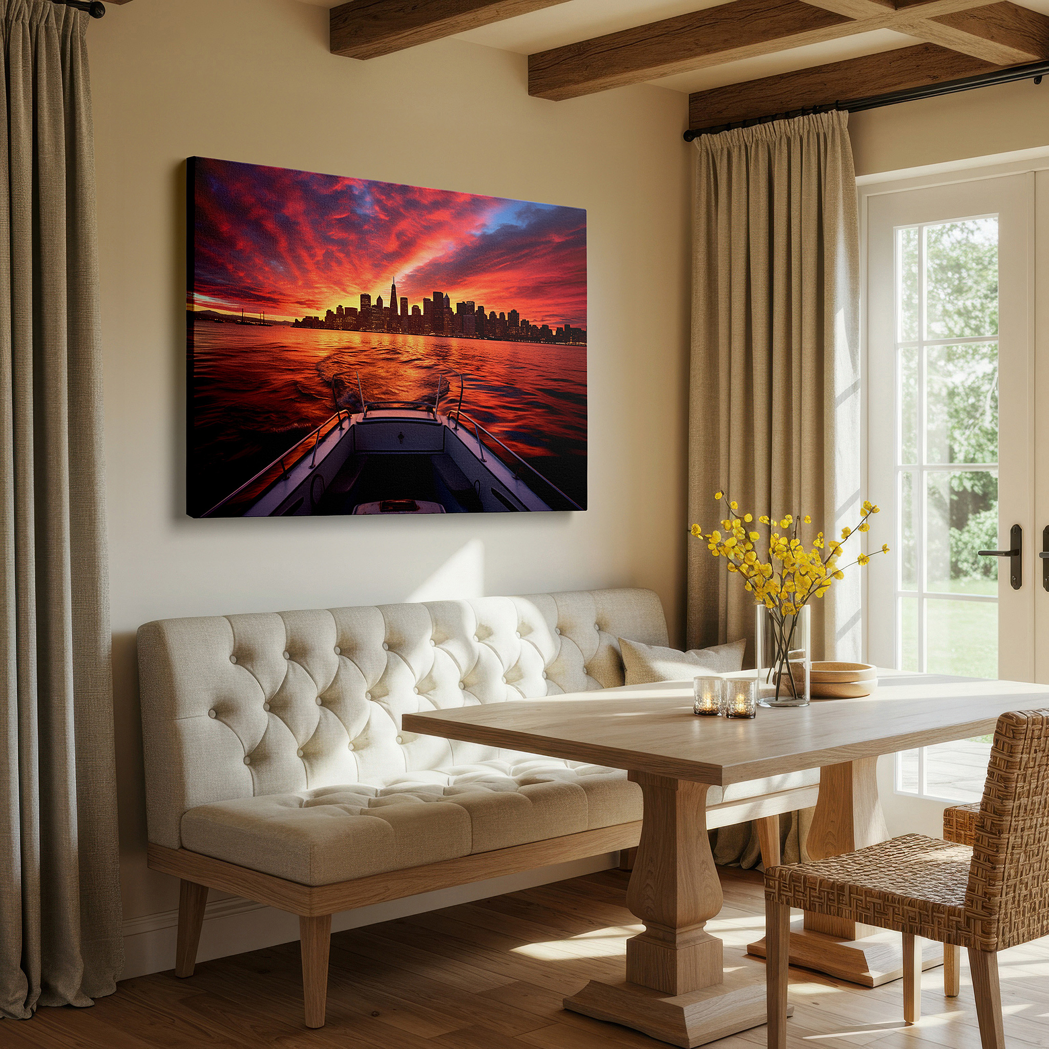 Presented on a clean white gallery wall with ample space — urban sunset and serene waters: a vivid skyline and nature's tranquil beauty - large wall art, canvas wall art, wall decor for office and bedroom