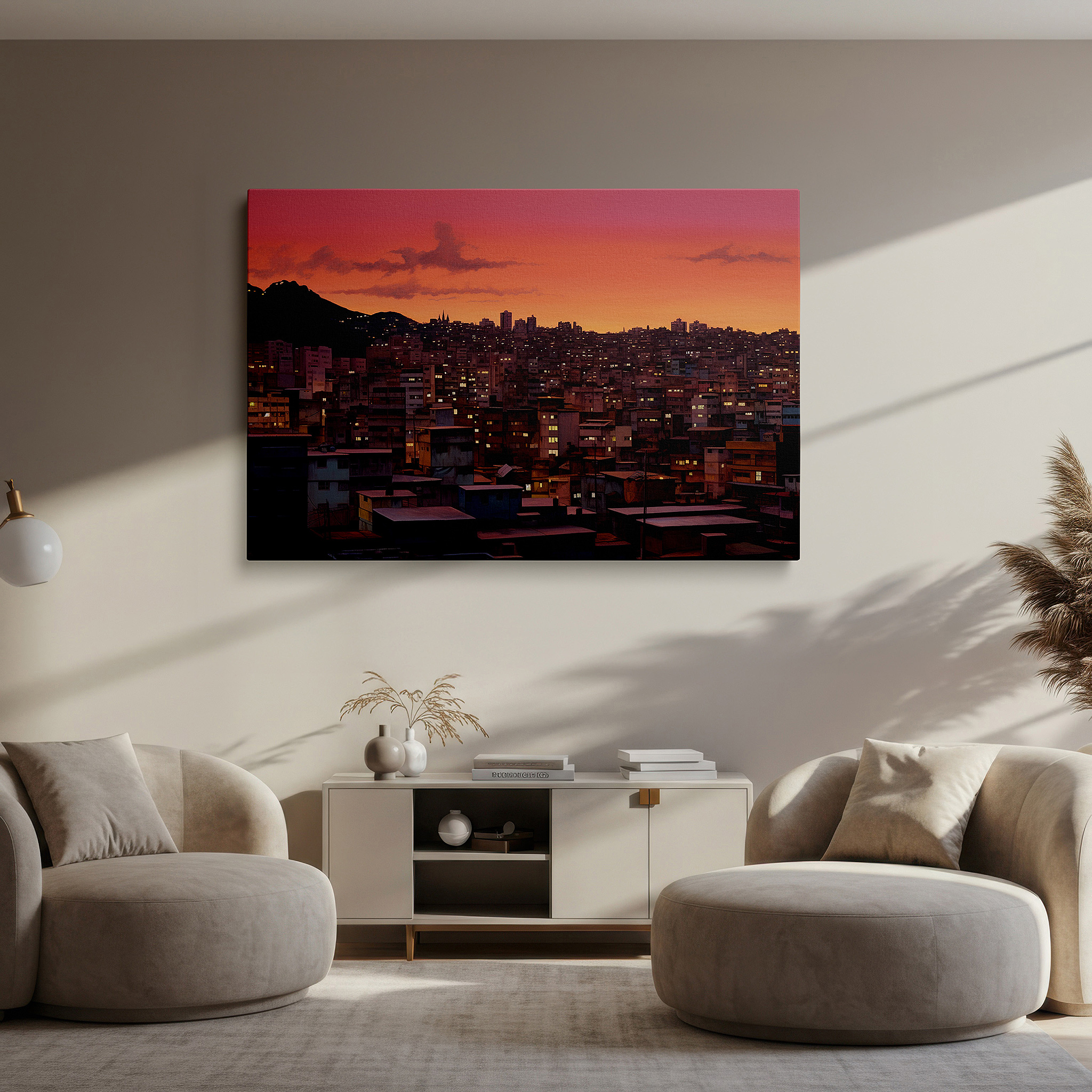 Presented on a clean white gallery wall with ample space — urban twilight: dusk panorama - vibrant skies and lit skyscrapers, large canvas wall art for office decor
