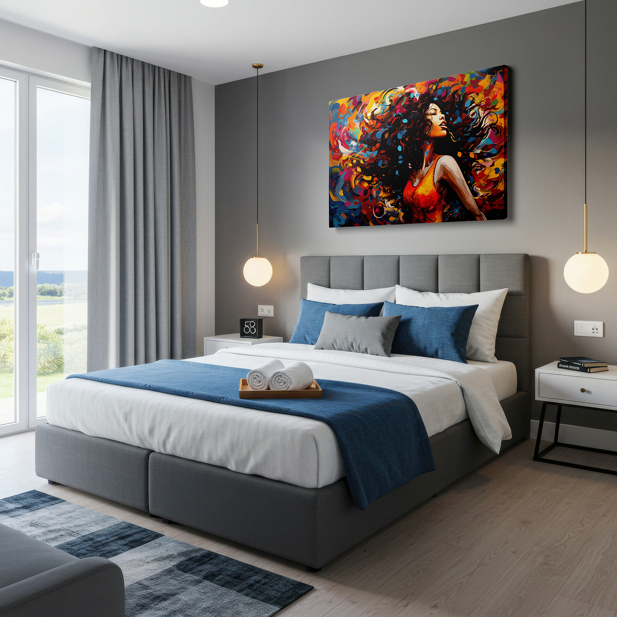 Presented on a clean white gallery wall with ample space — vibrant and fluid feminine expression large wall art, canvas wall art, wall decor for office and bedroom
