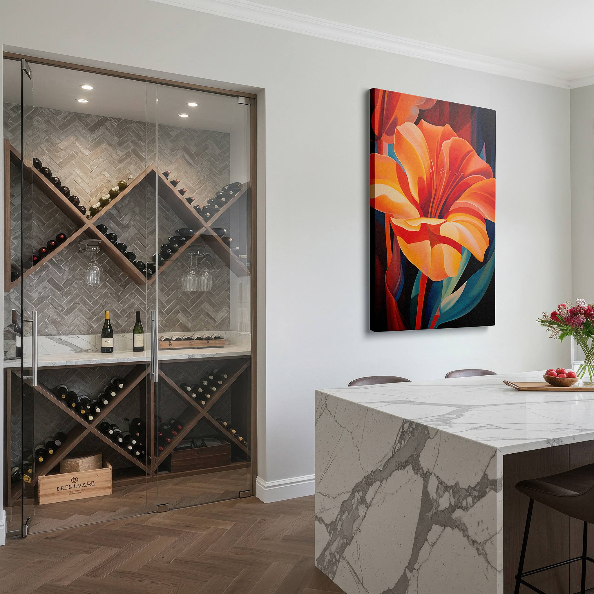 Presented on a clean white gallery wall with ample space — vibrant orange abstract flower large canvas wall art, perfect for office and bedroom decor