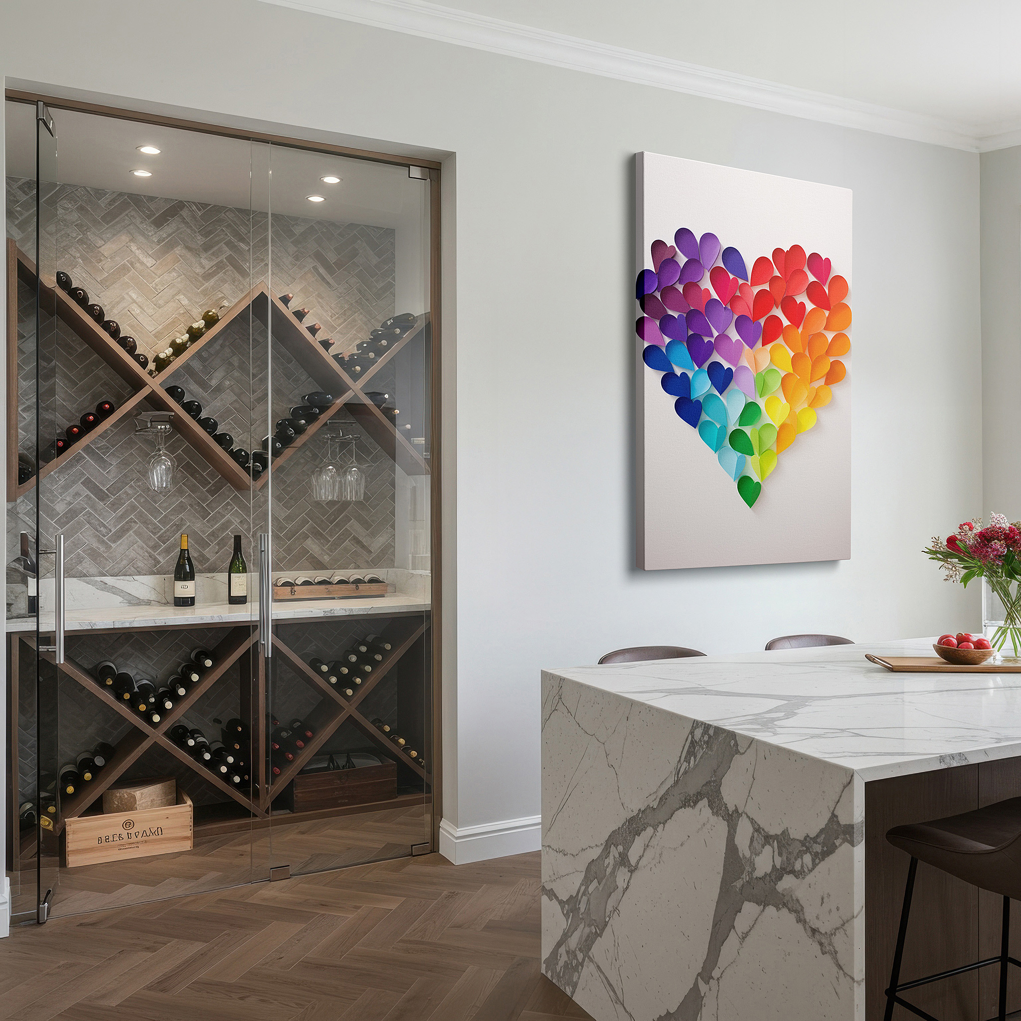 Presented on a clean white gallery wall with ample space — vibrant paper hearts wall art celebrating love, unity, and diversity - perfect for office, bedroom, and living room decor